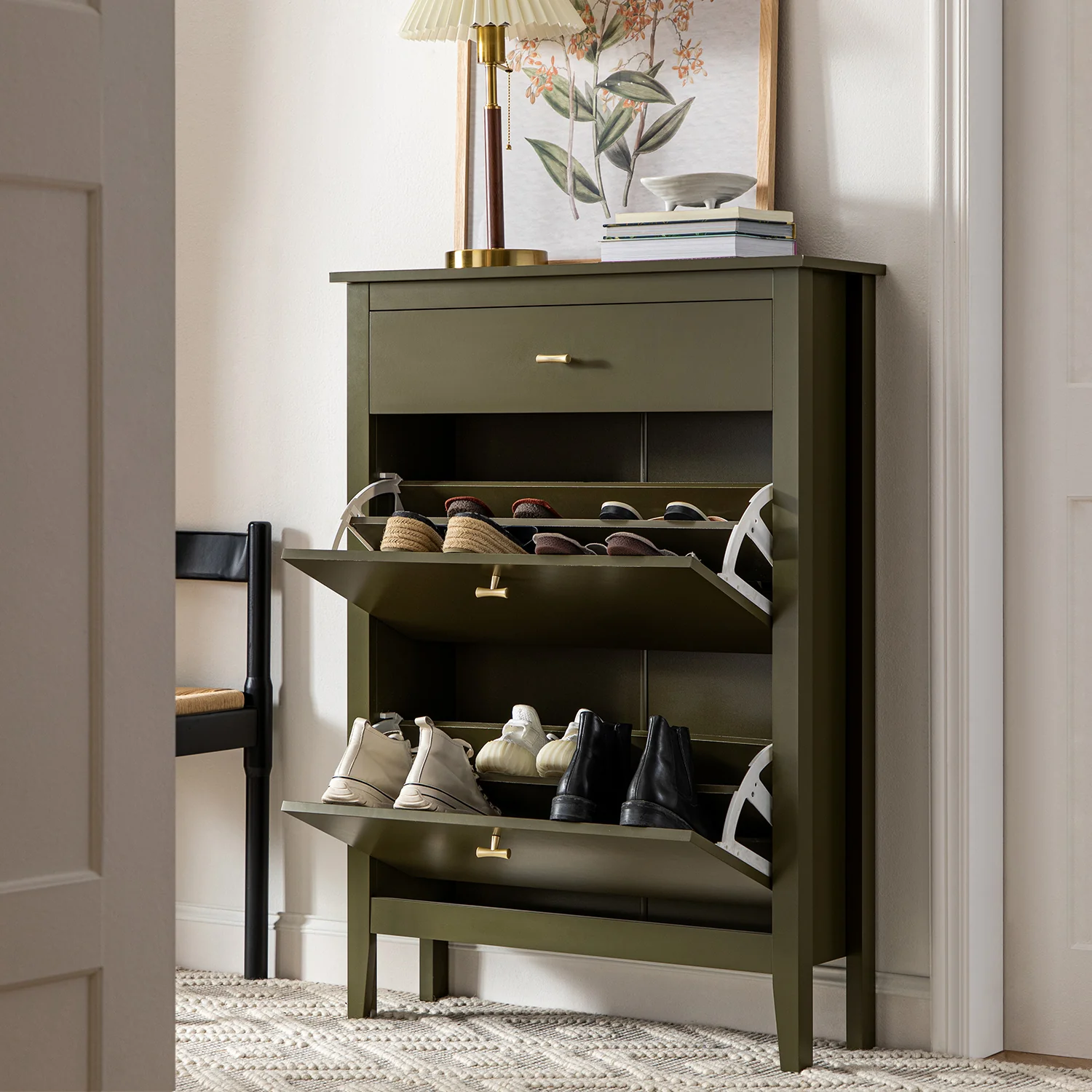 Oakham 2-Tier Shoe Cabinet with Top Drawer, Olive Grove - Image 3