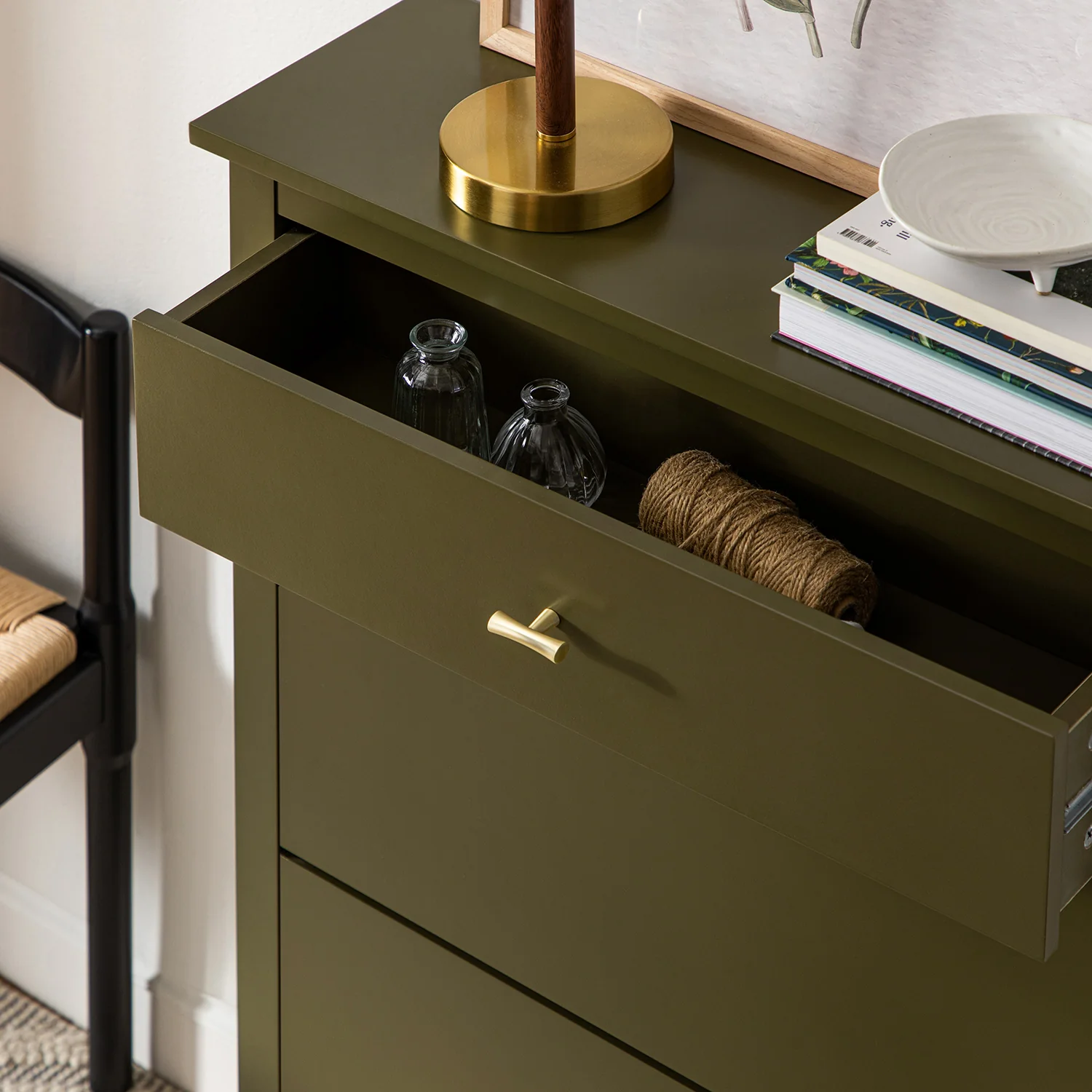 Oakham 2-Tier Shoe Cabinet with Top Drawer, Olive Grove - Image 5