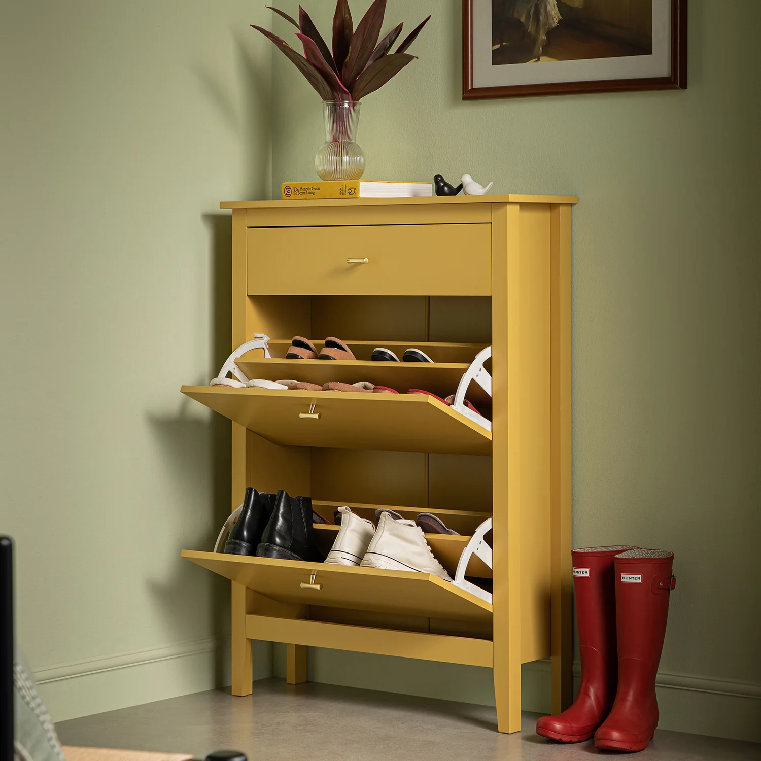Oakham 2-Tier Shoe Cabinet with Top Drawer, Rattan Yellow - Image 3