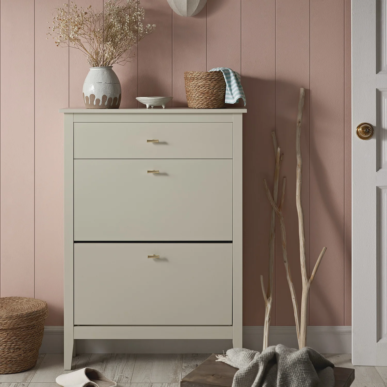 Oakham 2-Tier Shoe Cabinet with Top Drawer, Shaded White - Image 2