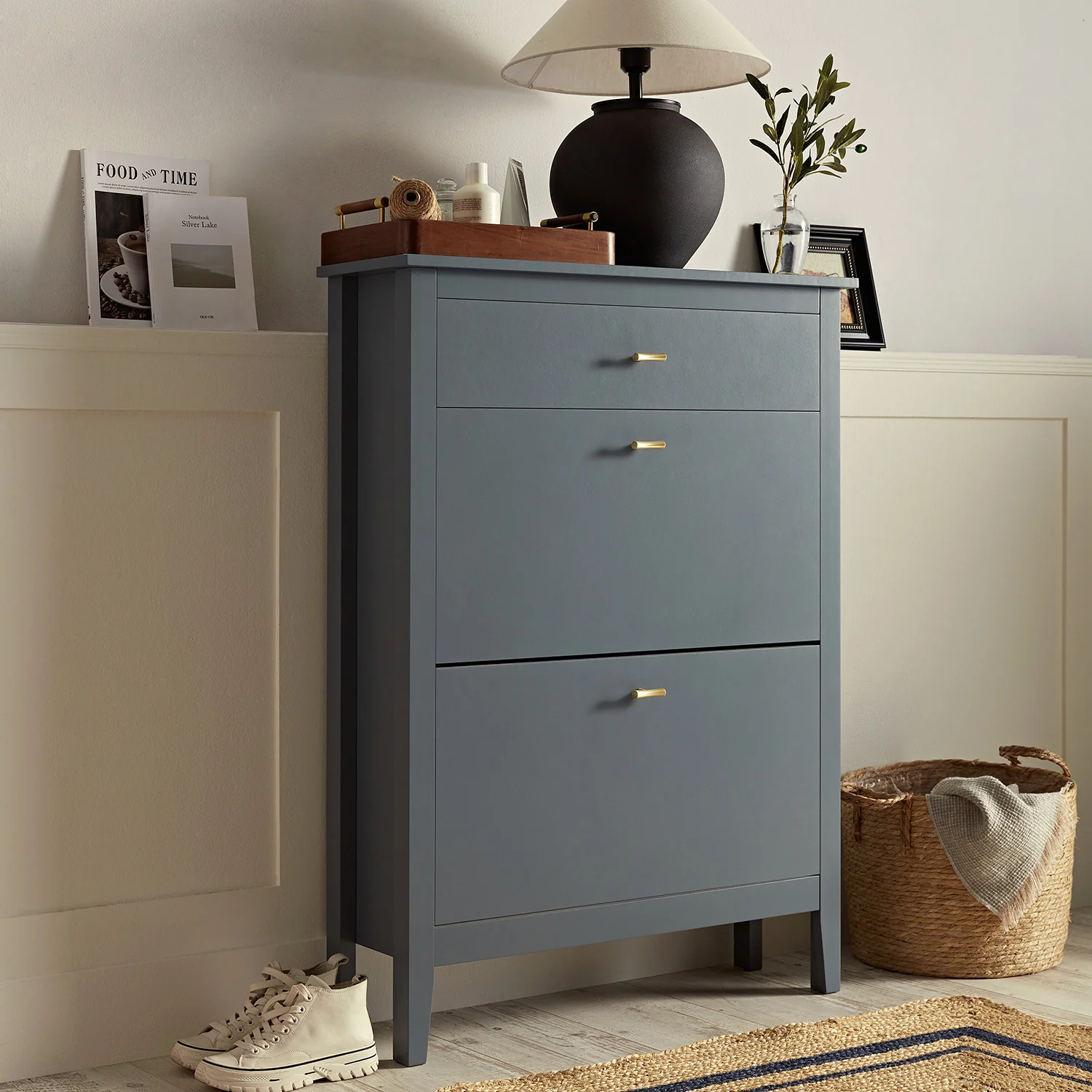 Oakham 2-Tier Shoe Cabinet with Top Drawer, Stormy Blue - Image 2