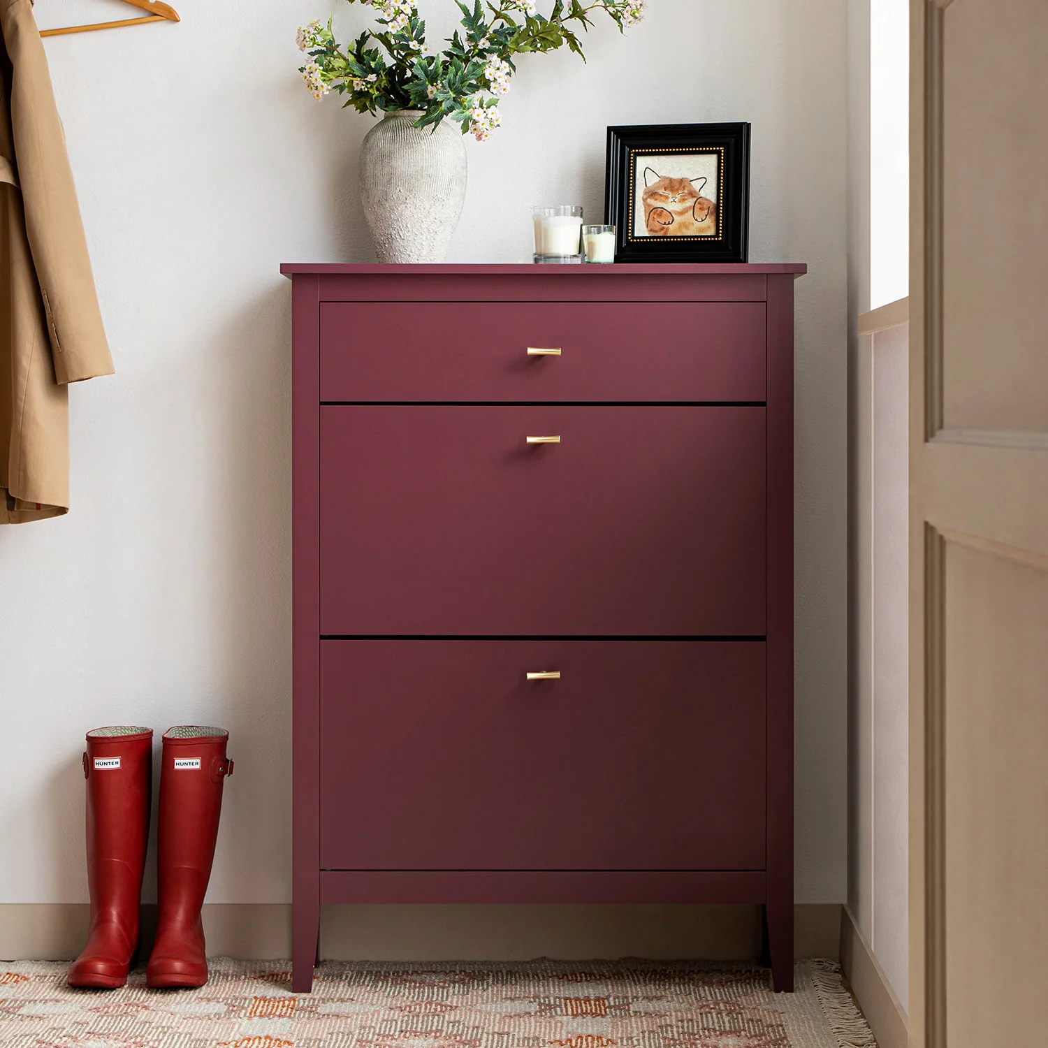 Oakham 2-Tier Shoe Cabinet with Top Drawer, Wild Cherry - Image 3