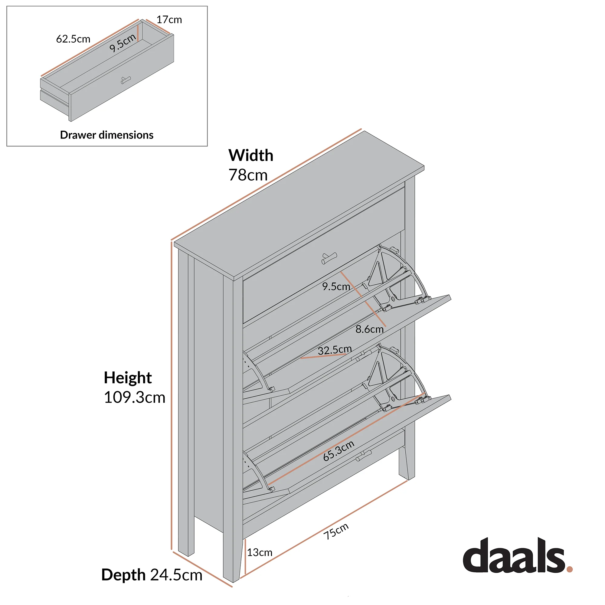 Oakham 2-Tier Shoe Cabinet with Top Drawer, Deep Greige - Image 10