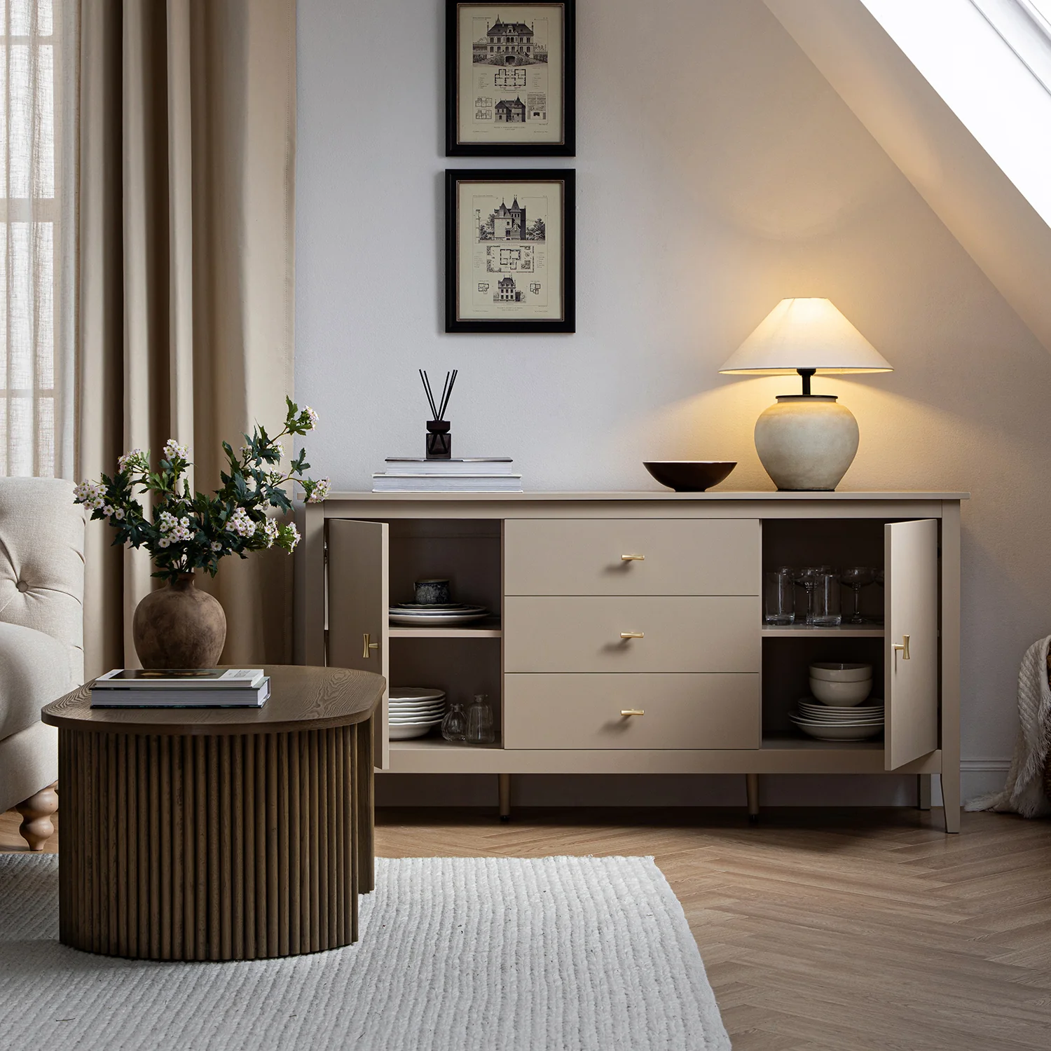 Oakham Wide Sideboard with Drawers, Deep Greige - Image 3