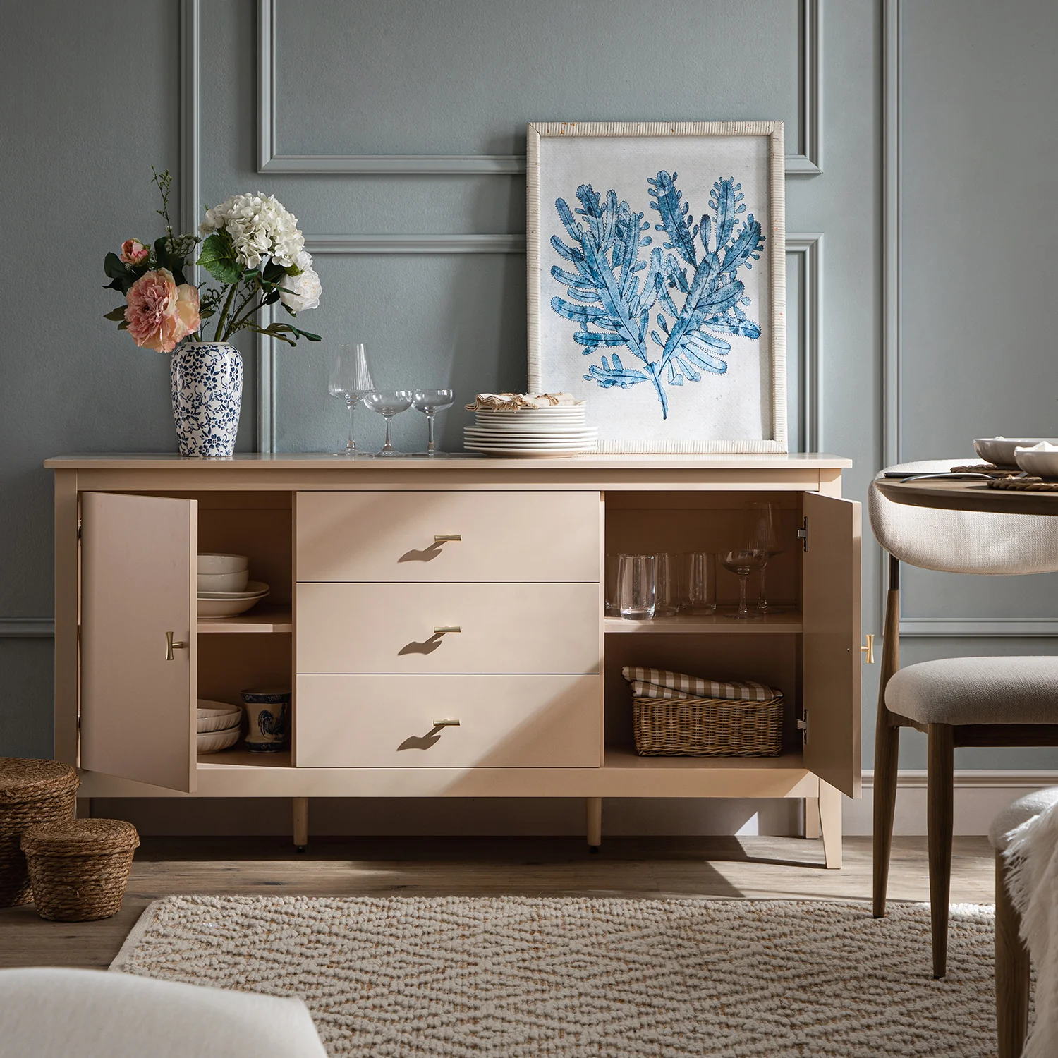 Oakham Wide Sideboard with Drawers, Nude Pink - Image 2