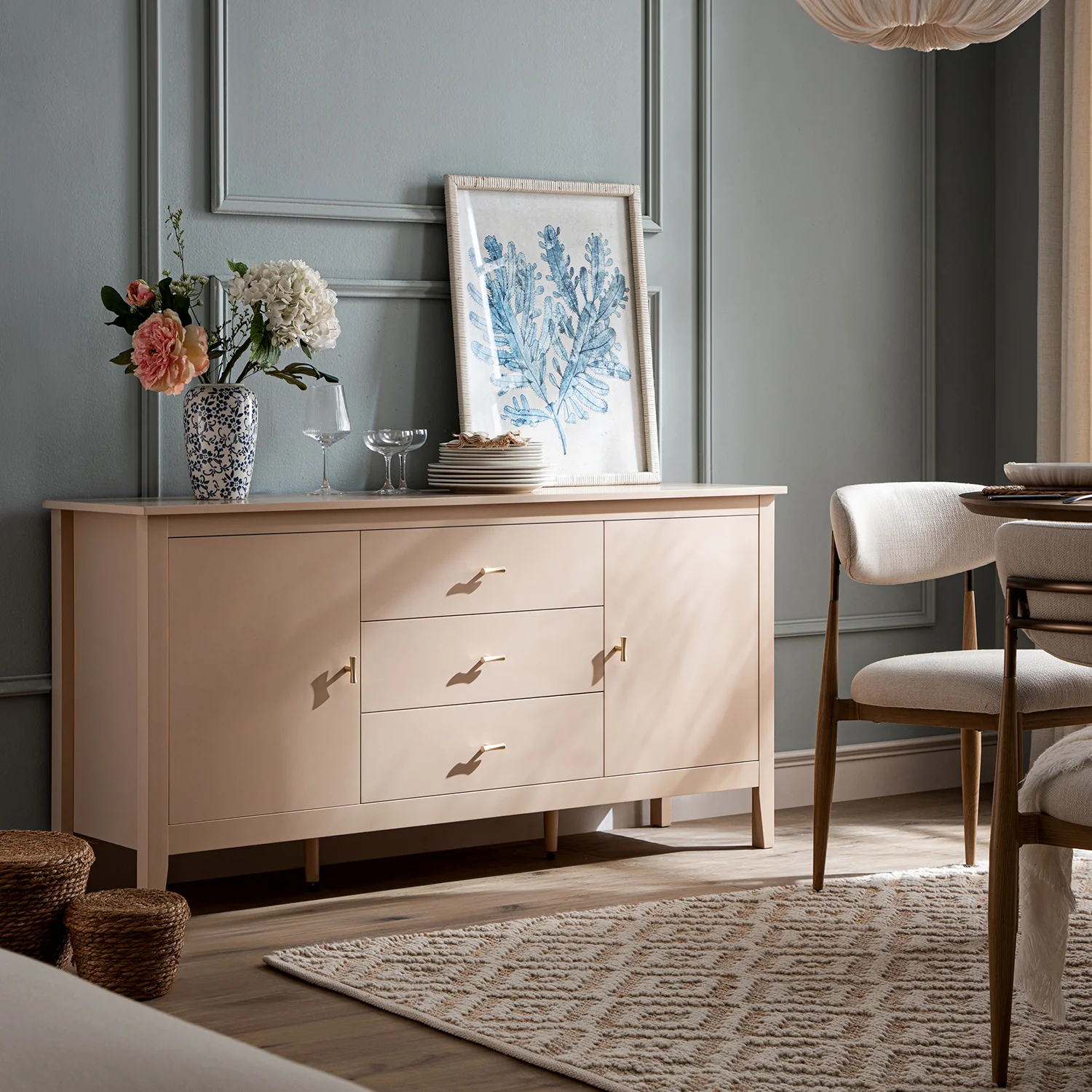 Oakham Wide Sideboard with Drawers, Nude Pink - Image 3