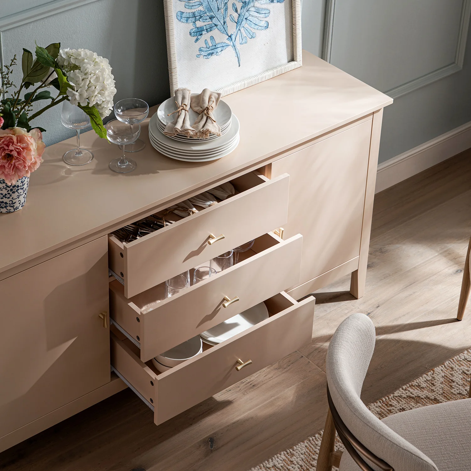 Oakham Wide Sideboard with Drawers, Nude Pink - Image 5