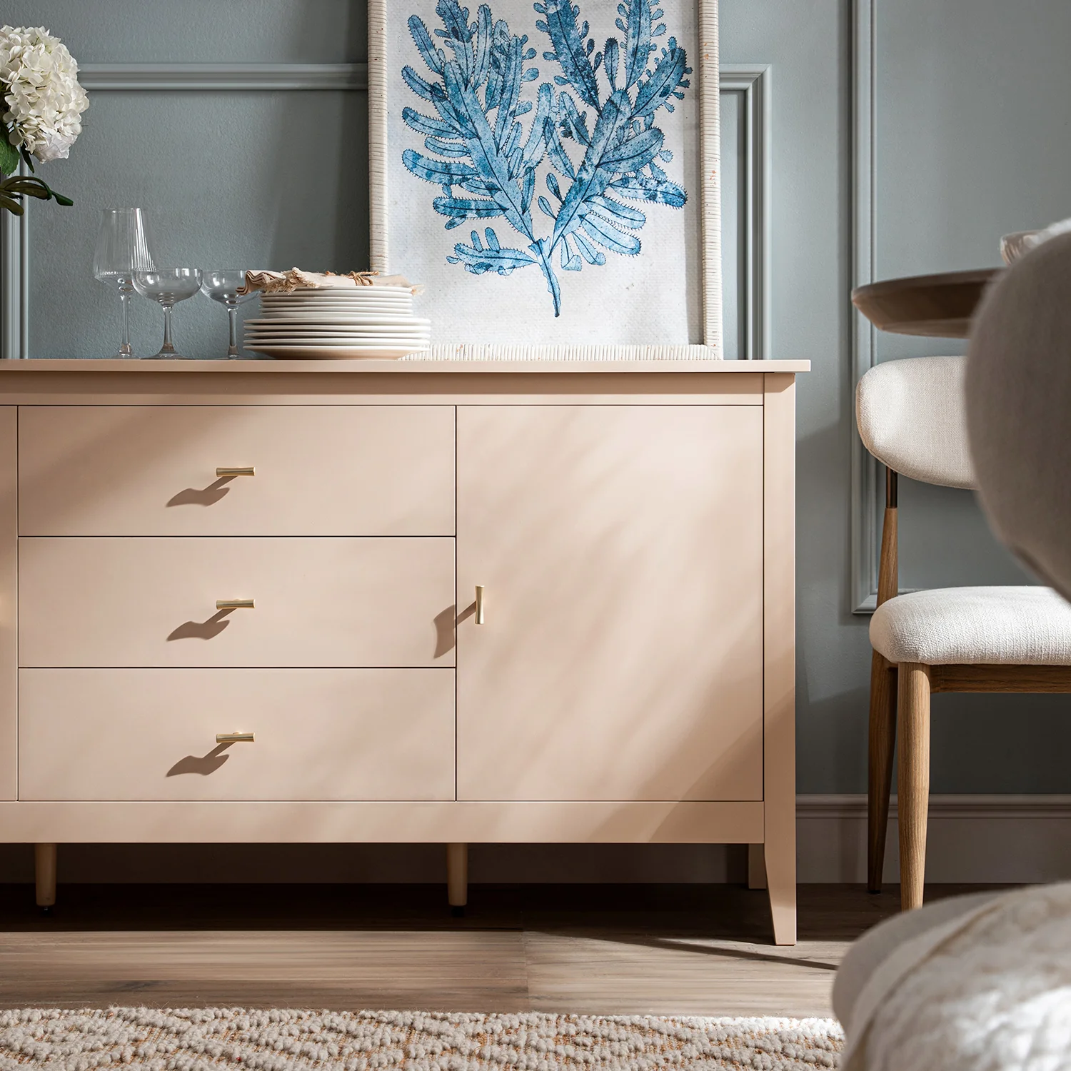 Oakham Wide Sideboard with Drawers, Nude Pink - Image 6