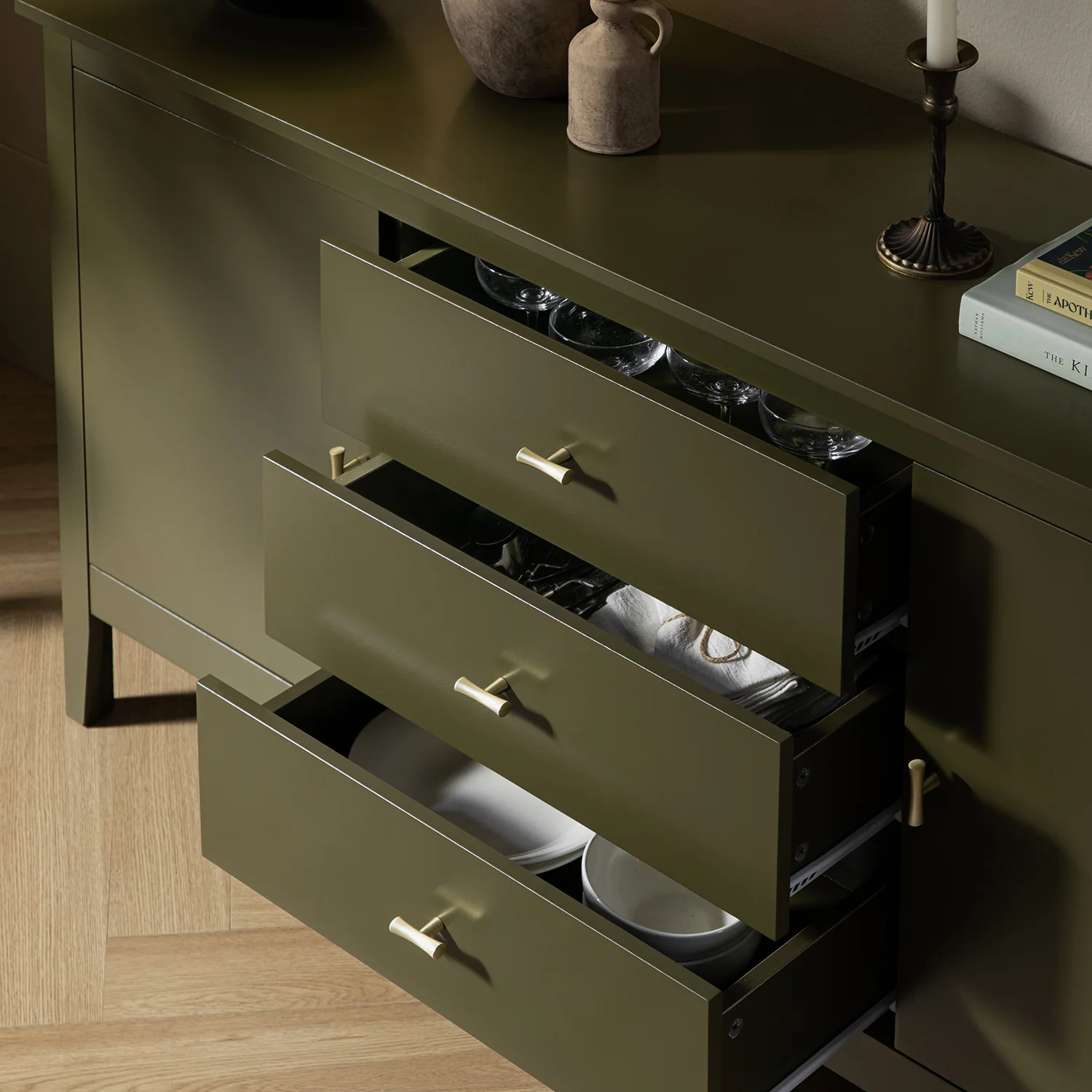 Oakham Wide Sideboard with Drawers, Olive Grove - Image 5