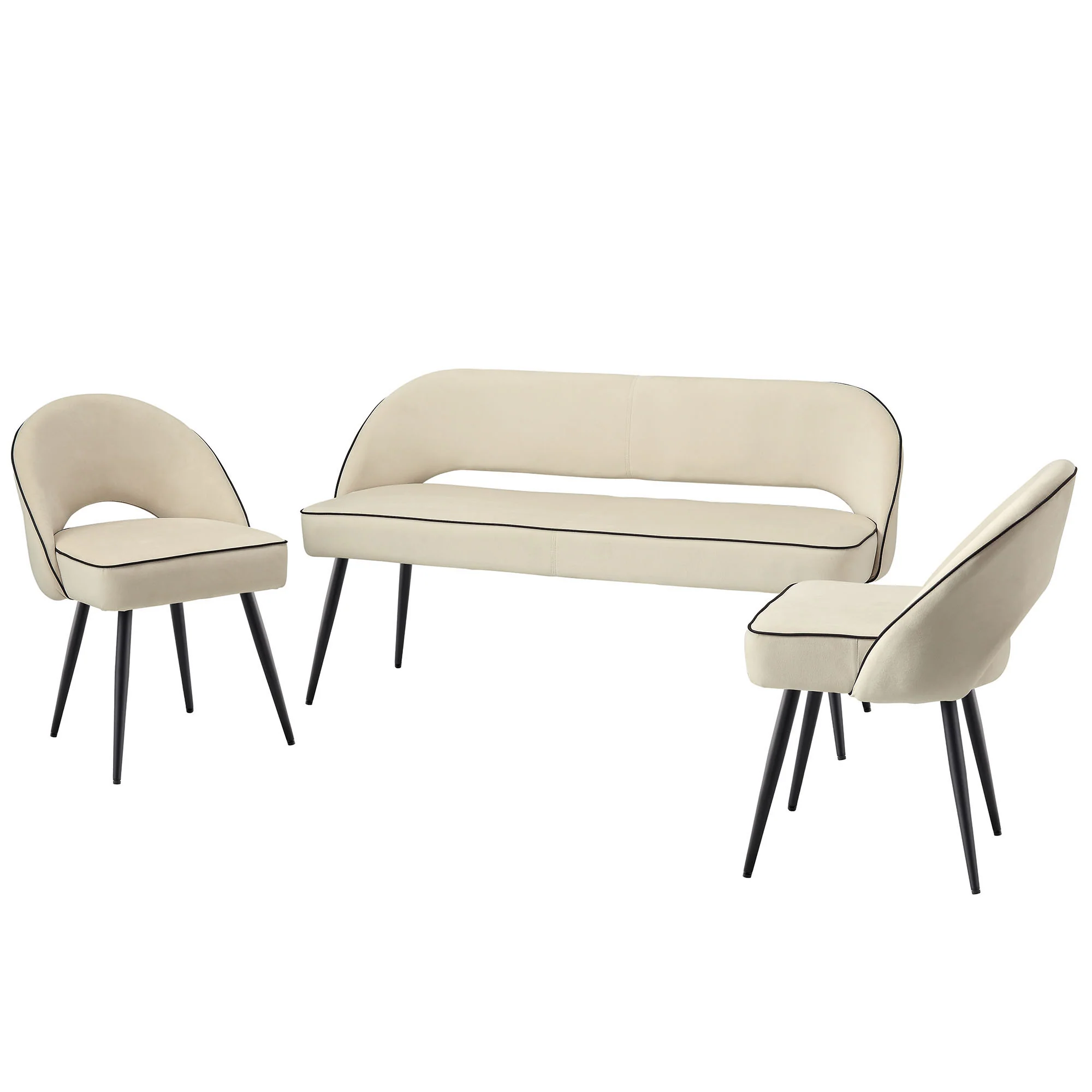 Oakley Champagne Velvet Upholstered 3 Seater Dining Bench with Contrast Piping - Image 3