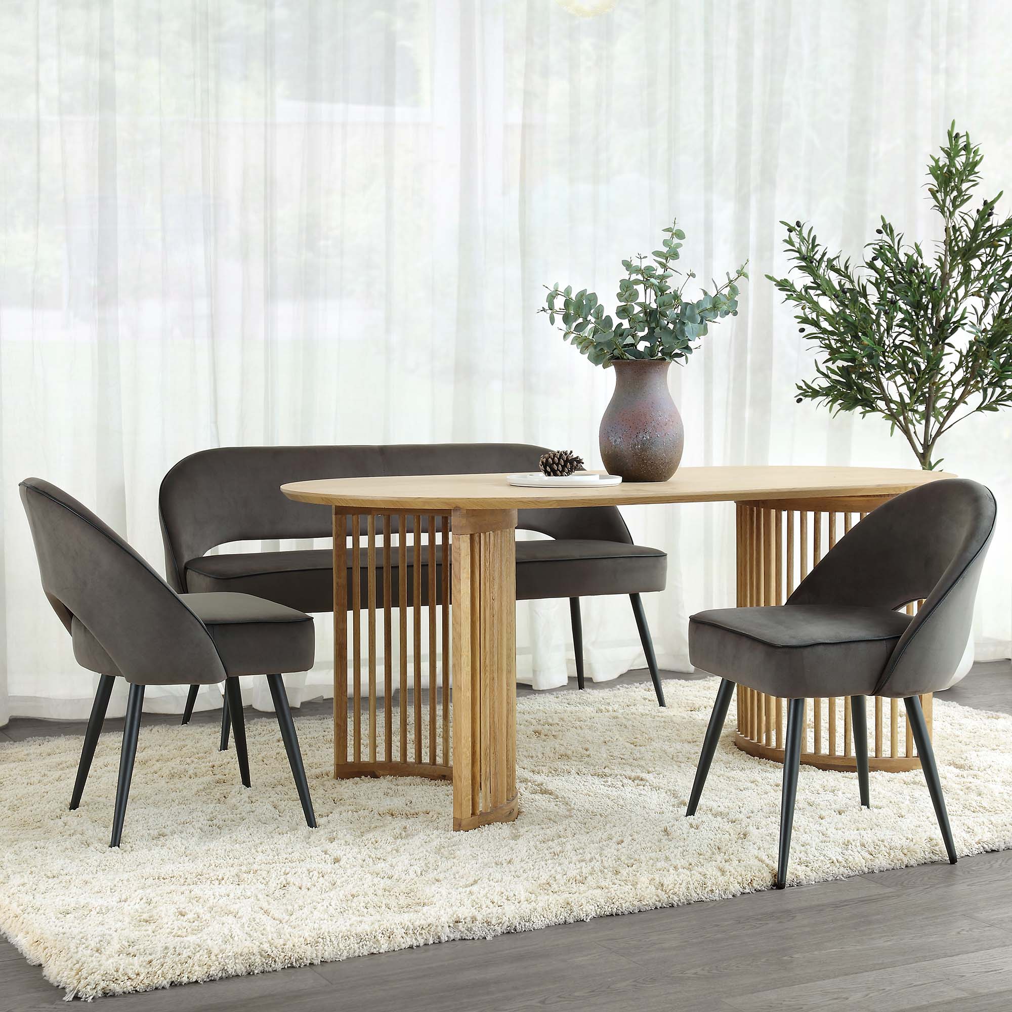 Oakley Dark Grey Velvet Upholstered 3 Seater Dining Bench with Contrast Piping - Image 2