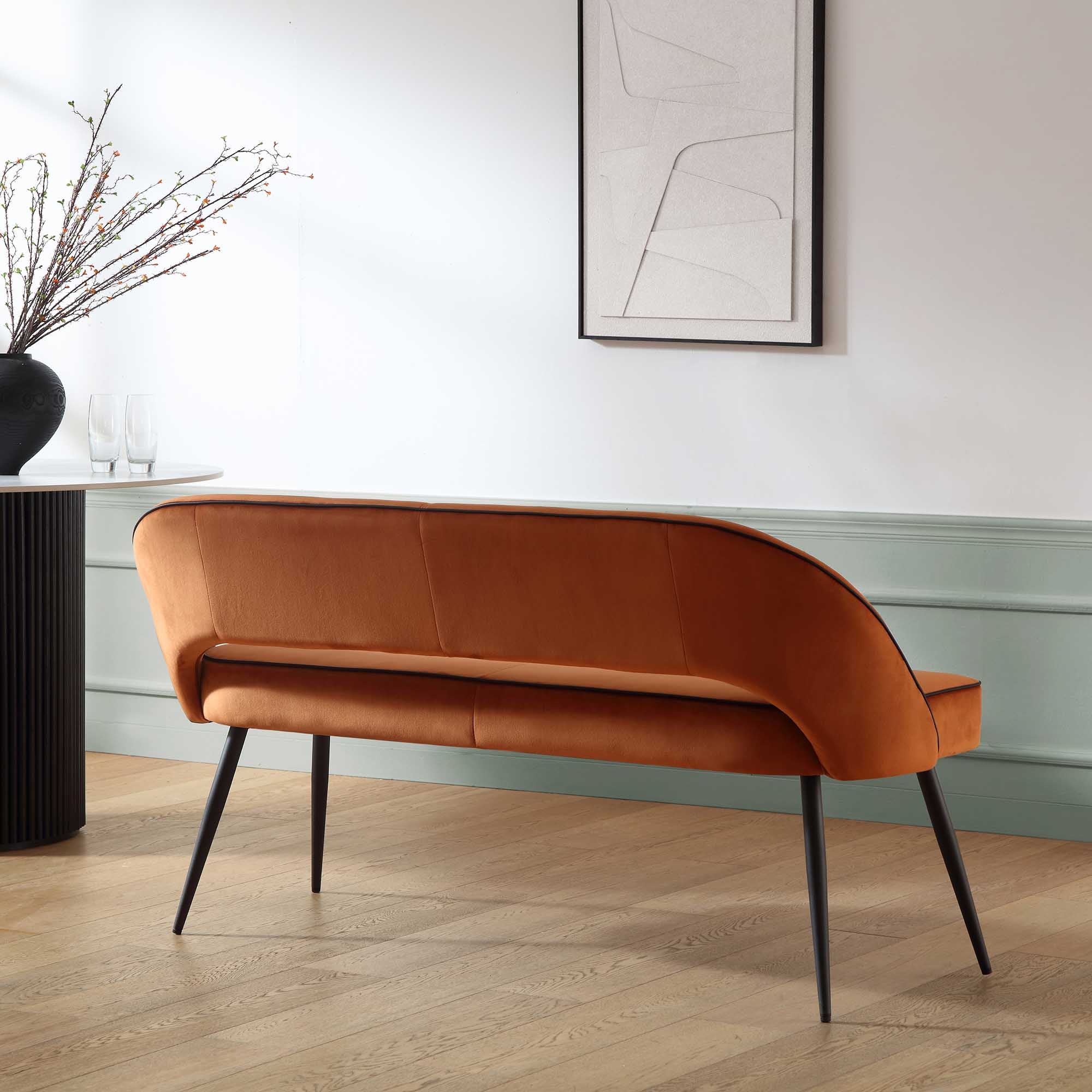Oakley Orange Velvet Upholstered 3 Seater Dining Bench with Contrast Piping - Image 2