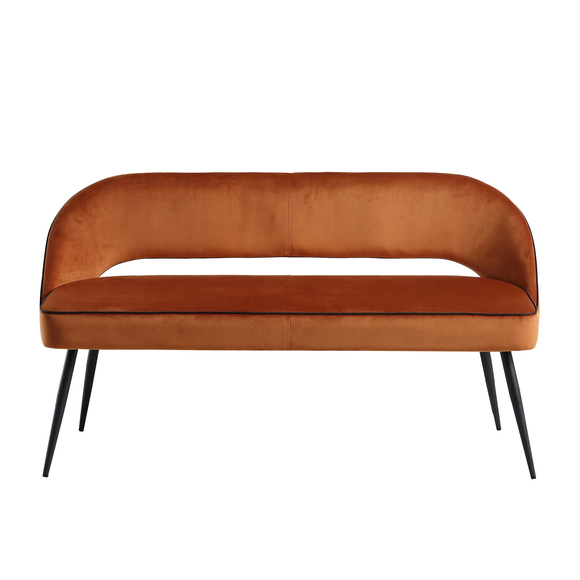 Oakley Orange Velvet Upholstered 3 Seater Dining Bench with Contrast Piping - Image 3