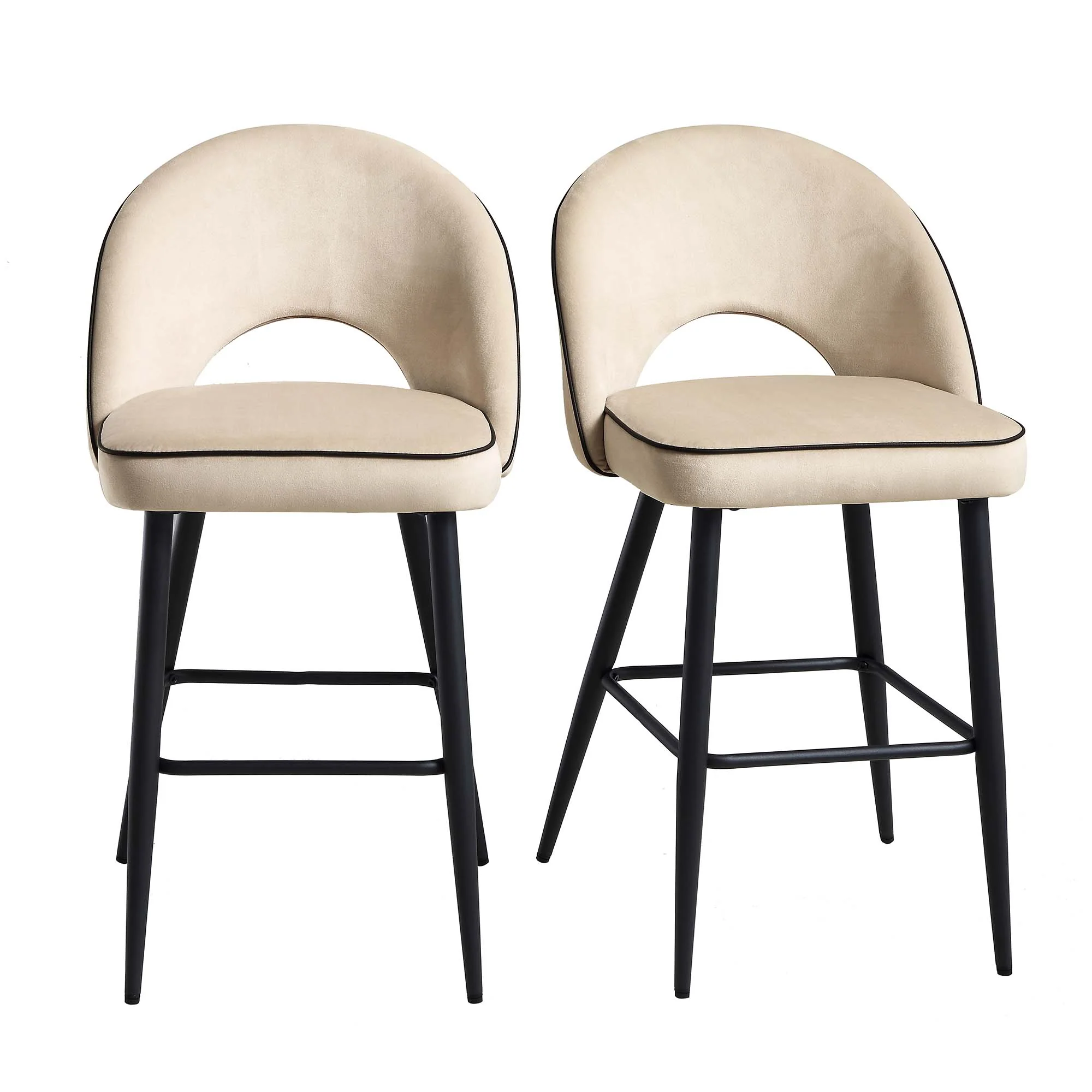 Oakley Set of 2 Champagne Velvet Upholstered Counter Stools with Contrast Piping - Image 2