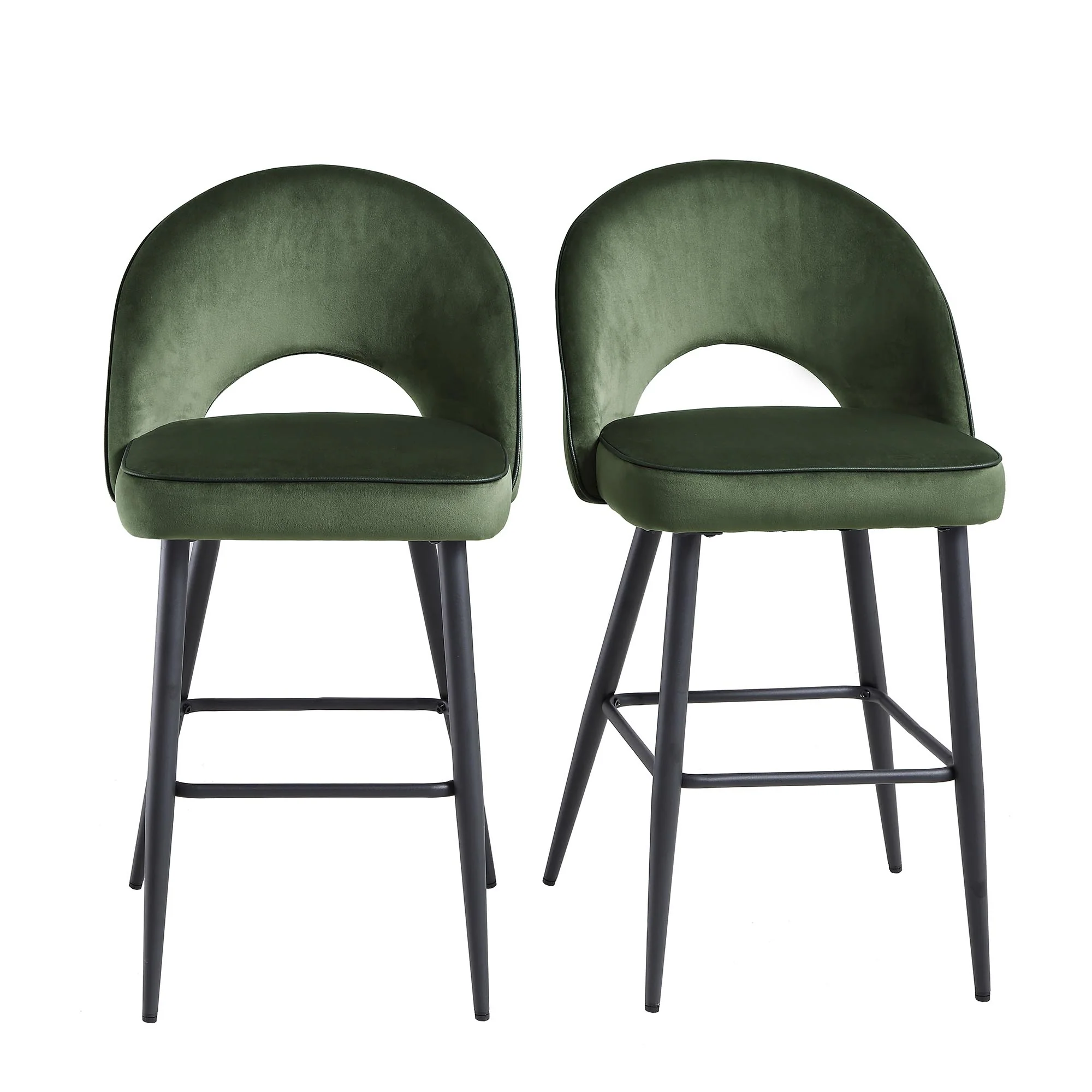 Oakley Set of 2 Dark Green Velvet Upholstered Counter Stools with Contrast Piping - Image 2