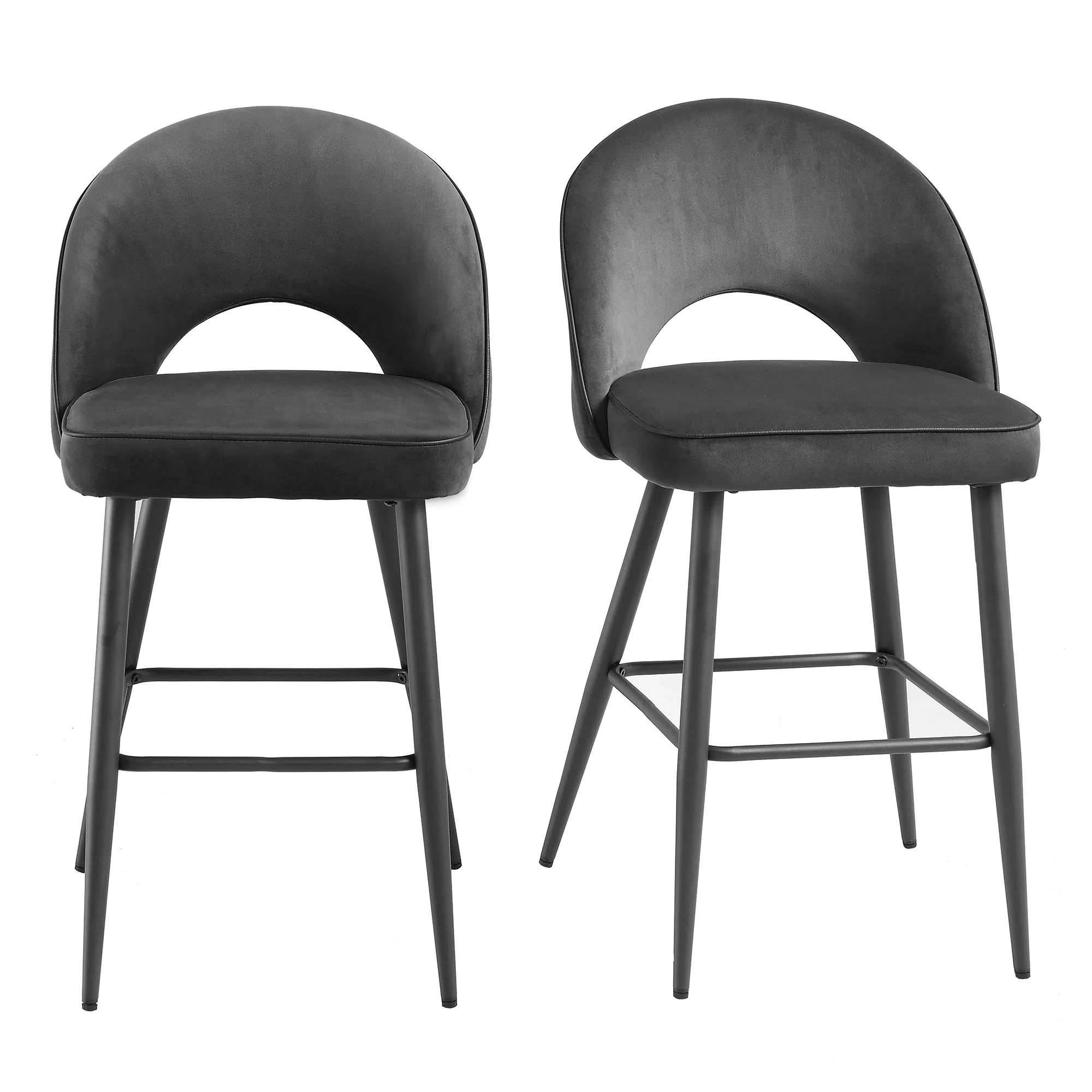Oakley Set of 2 Dark Grey Velvet Upholstered Counter Stools with Contrast Piping - Image 2