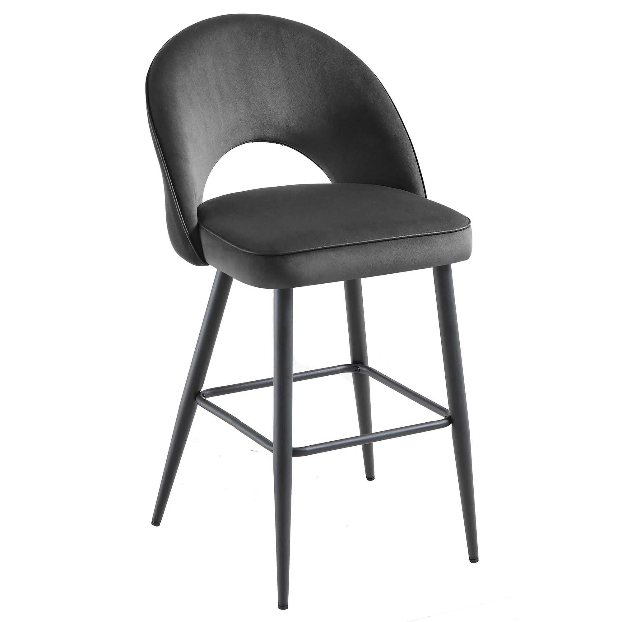 Oakley Set of 2 Dark Grey Velvet Upholstered Counter Stools with Contrast Piping - Image 5