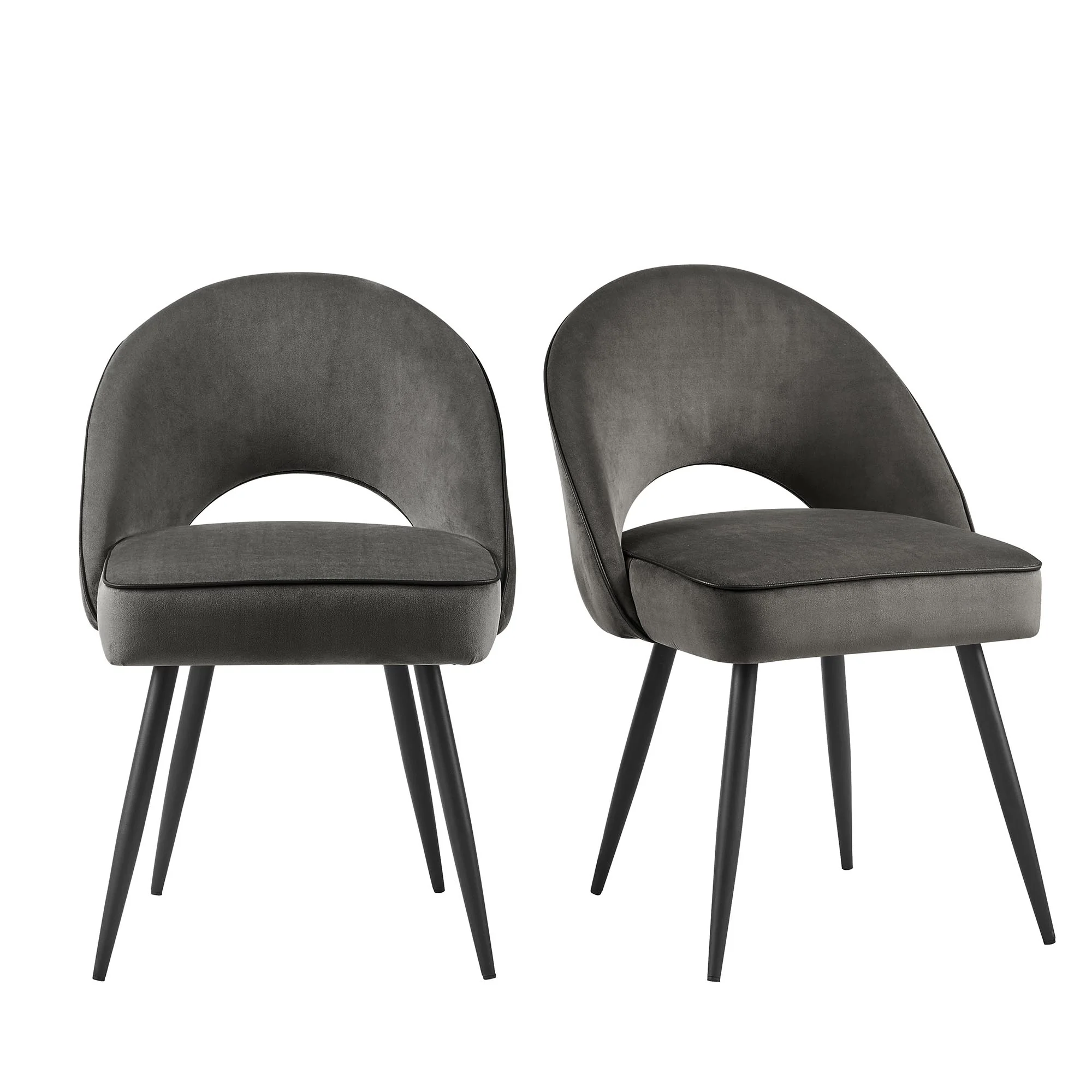 Oakley Set of 2 Dark Grey Velvet Upholstered Dining Chairs with Piping - Image 2
