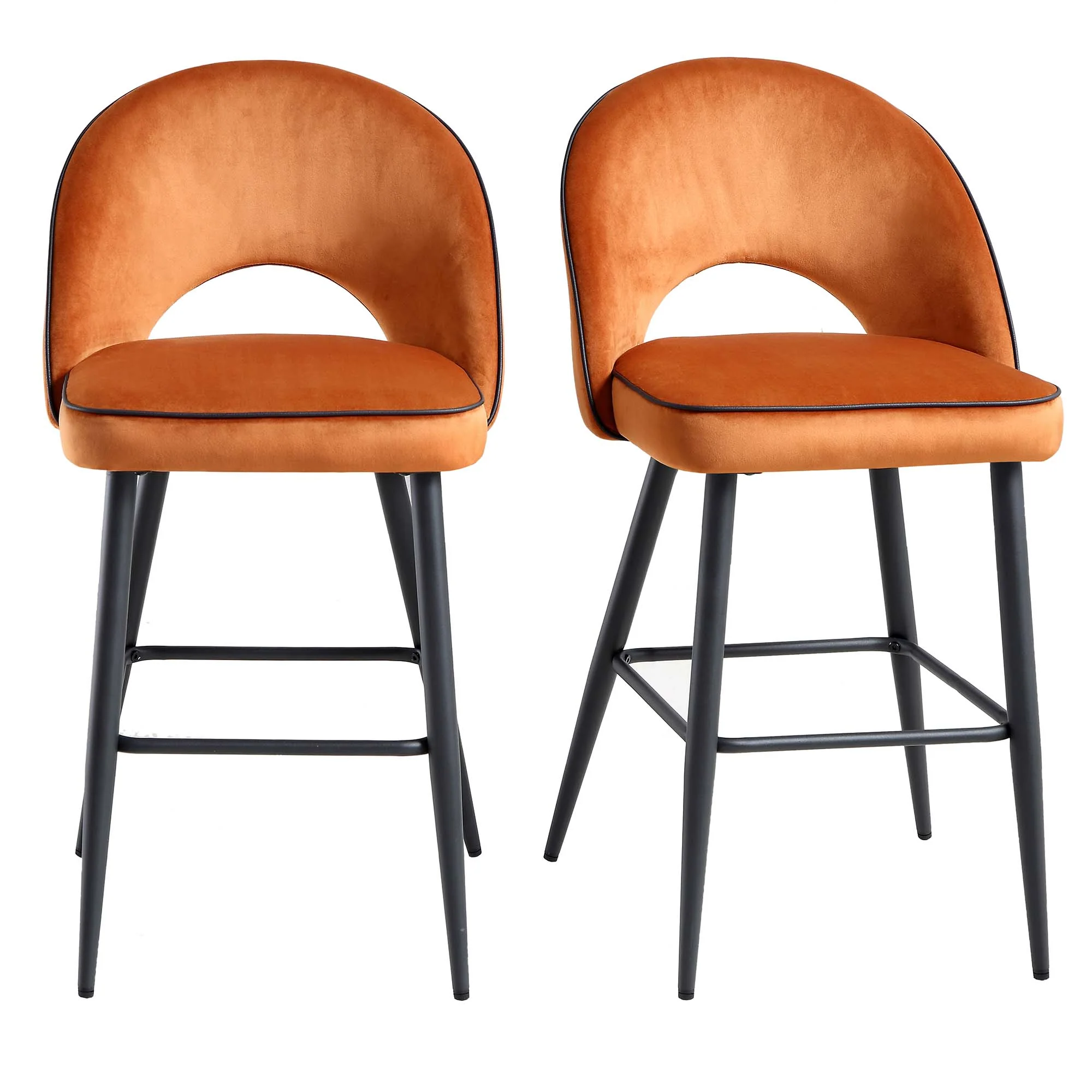 Oakley Set of 2 Orange Velvet Upholstered Counter Stools with Contrast Piping - Image 2