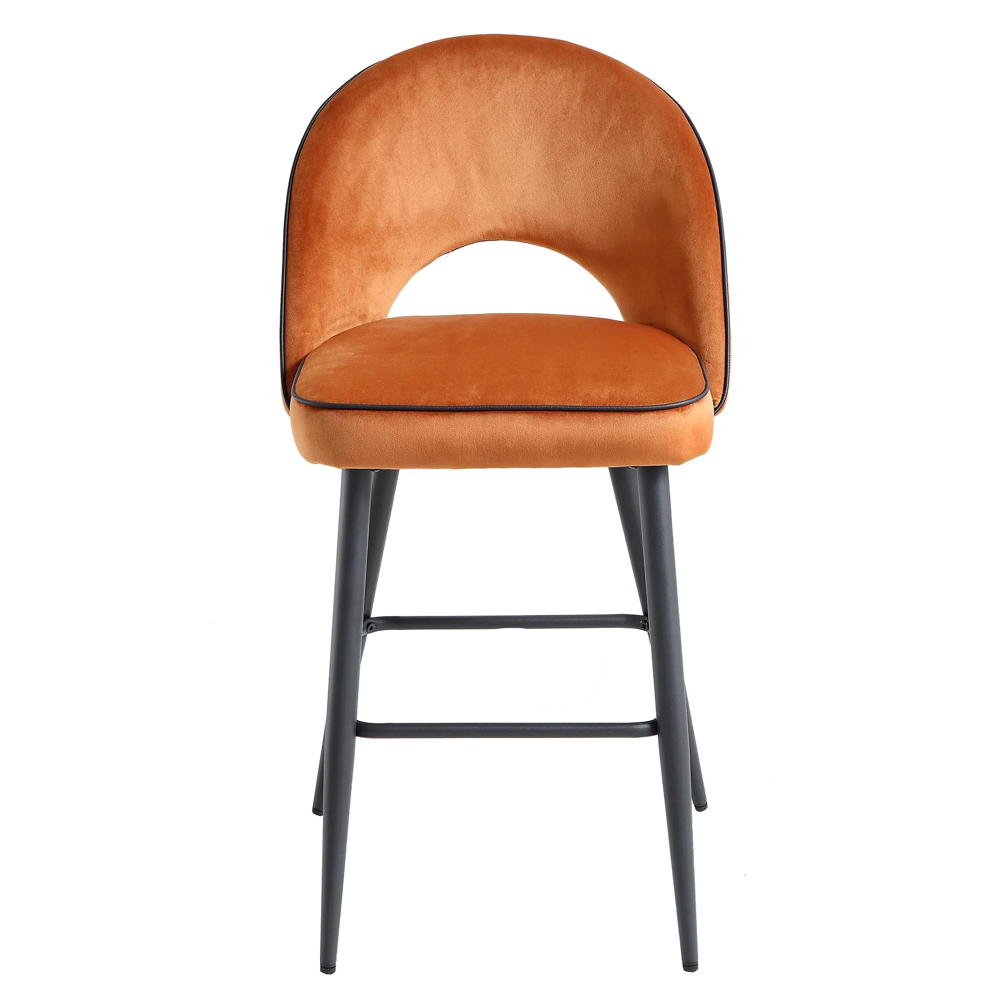 Oakley Set of 2 Orange Velvet Upholstered Counter Stools with Contrast Piping - Image 3