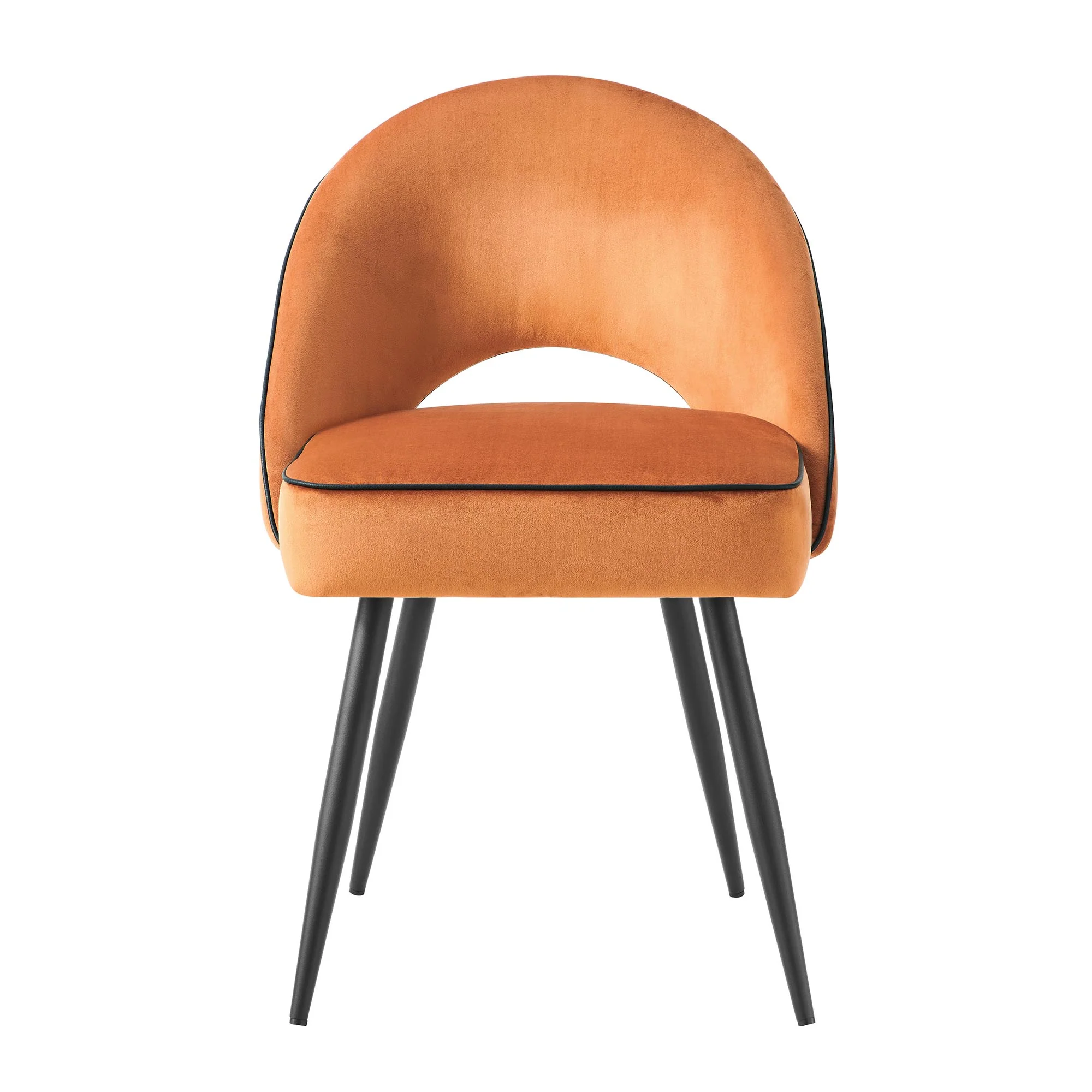 Oakley Set of 2 Orange Velvet Upholstered Dining Chairs with Contrast Piping - Image 3
