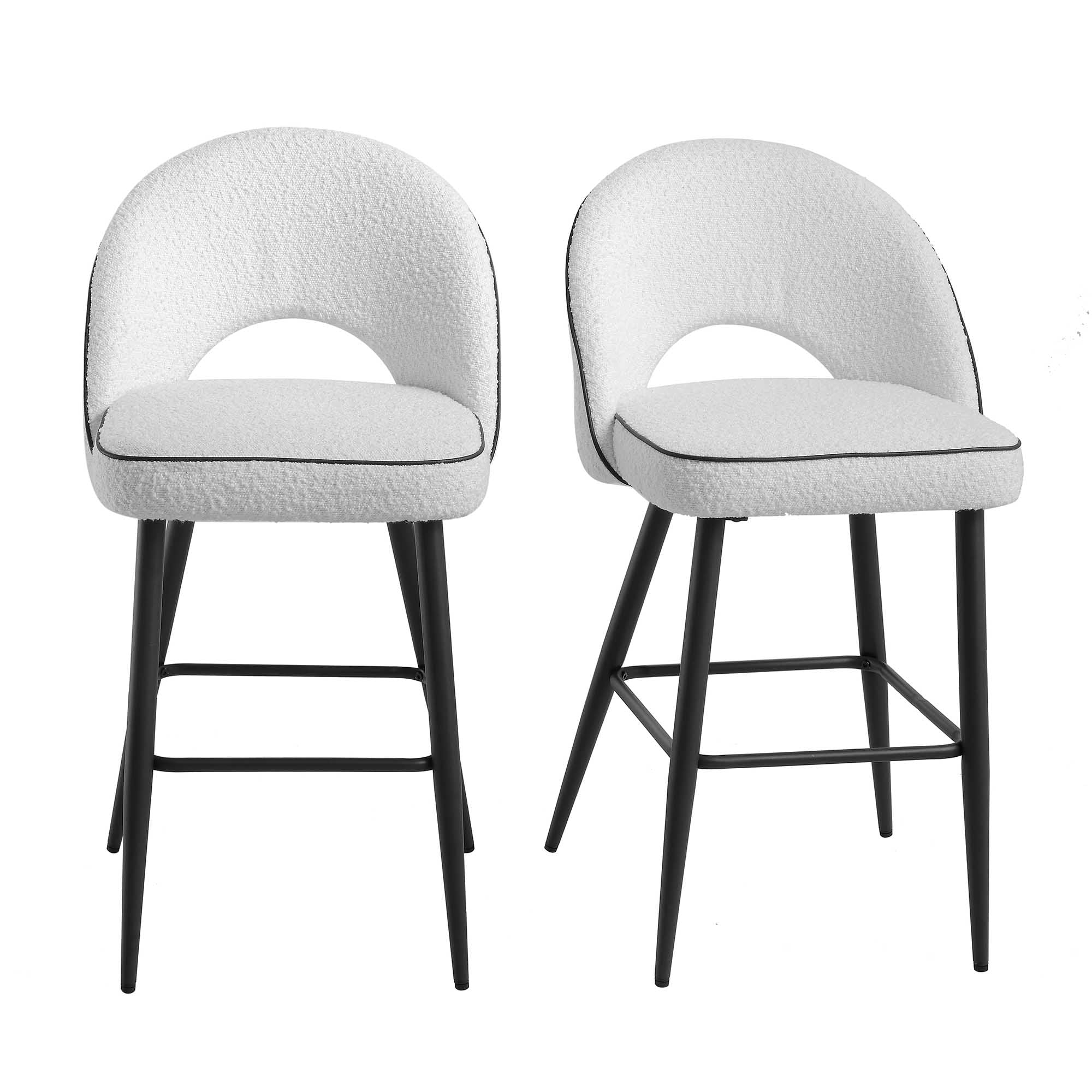 Oakley Set of 2 White Boucle Upholstered Counter Stools with Contrast Piping - Image 2