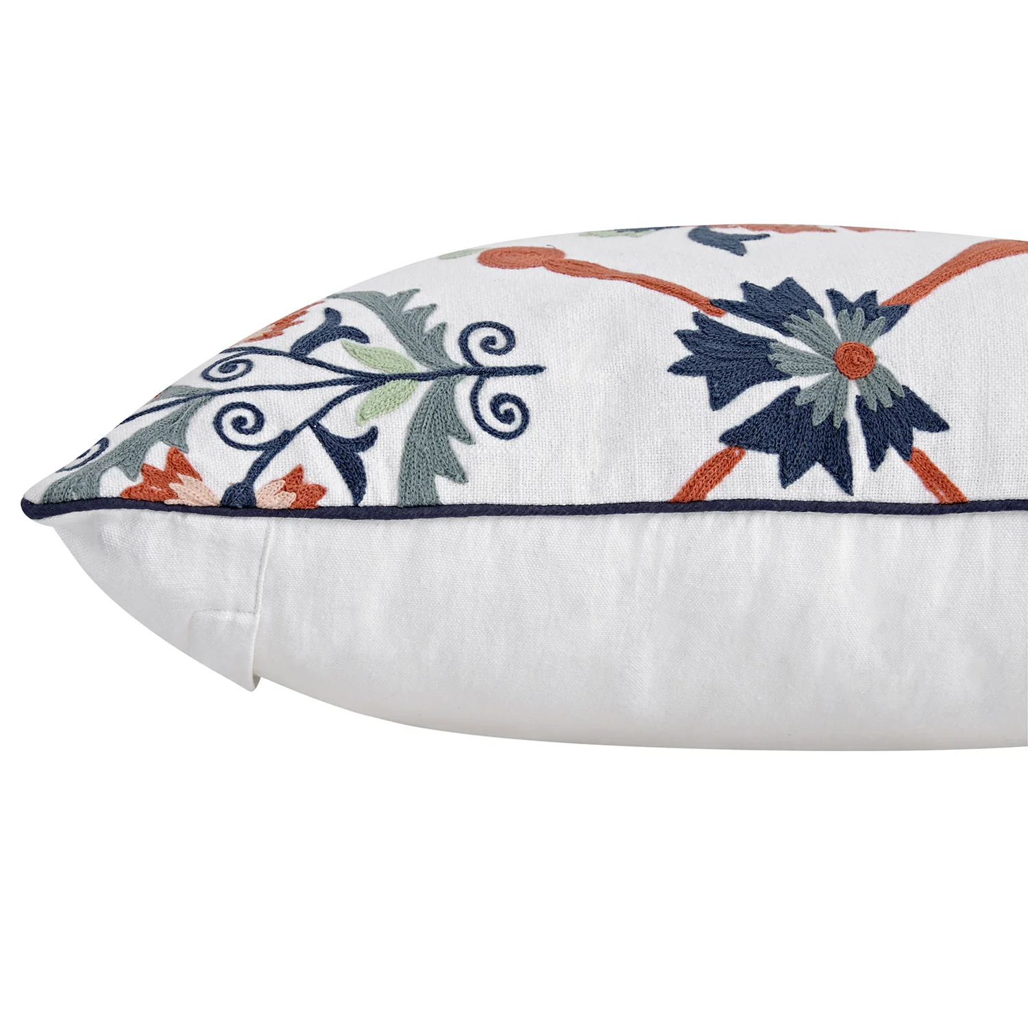 Paloma Burnt Terracotta Orange & Blue Floral Embroidered Cotton Cushion - Image 3