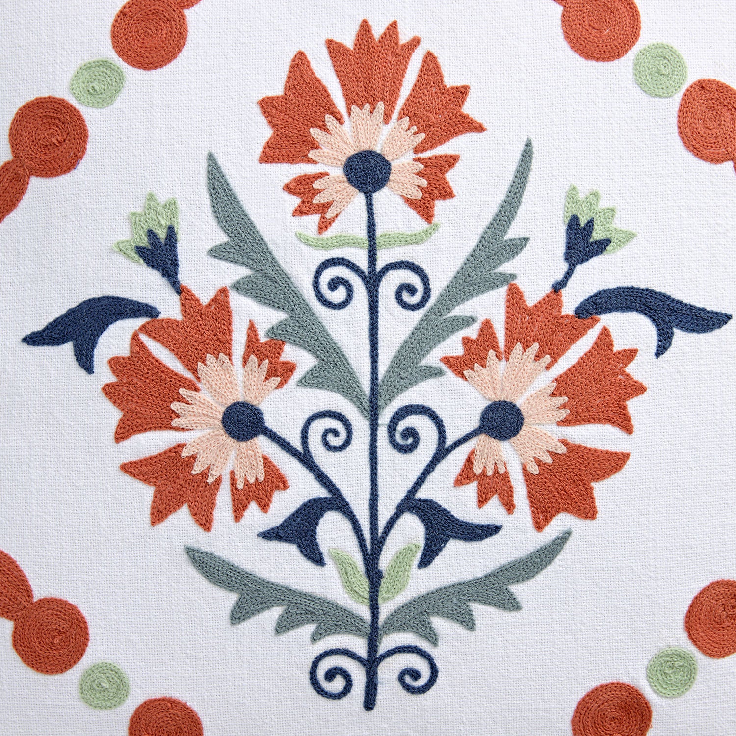Paloma Burnt Terracotta Orange & Blue Floral Embroidered Cotton Cushion - Image 4