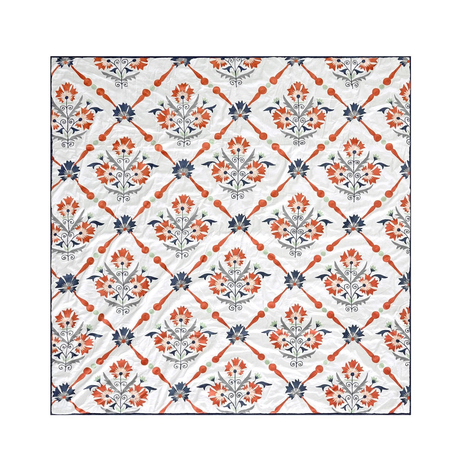 Paloma Burnt Terracotta Orange & Blue Floral Embroidered Quilted Cotton Bedspread - Image 2