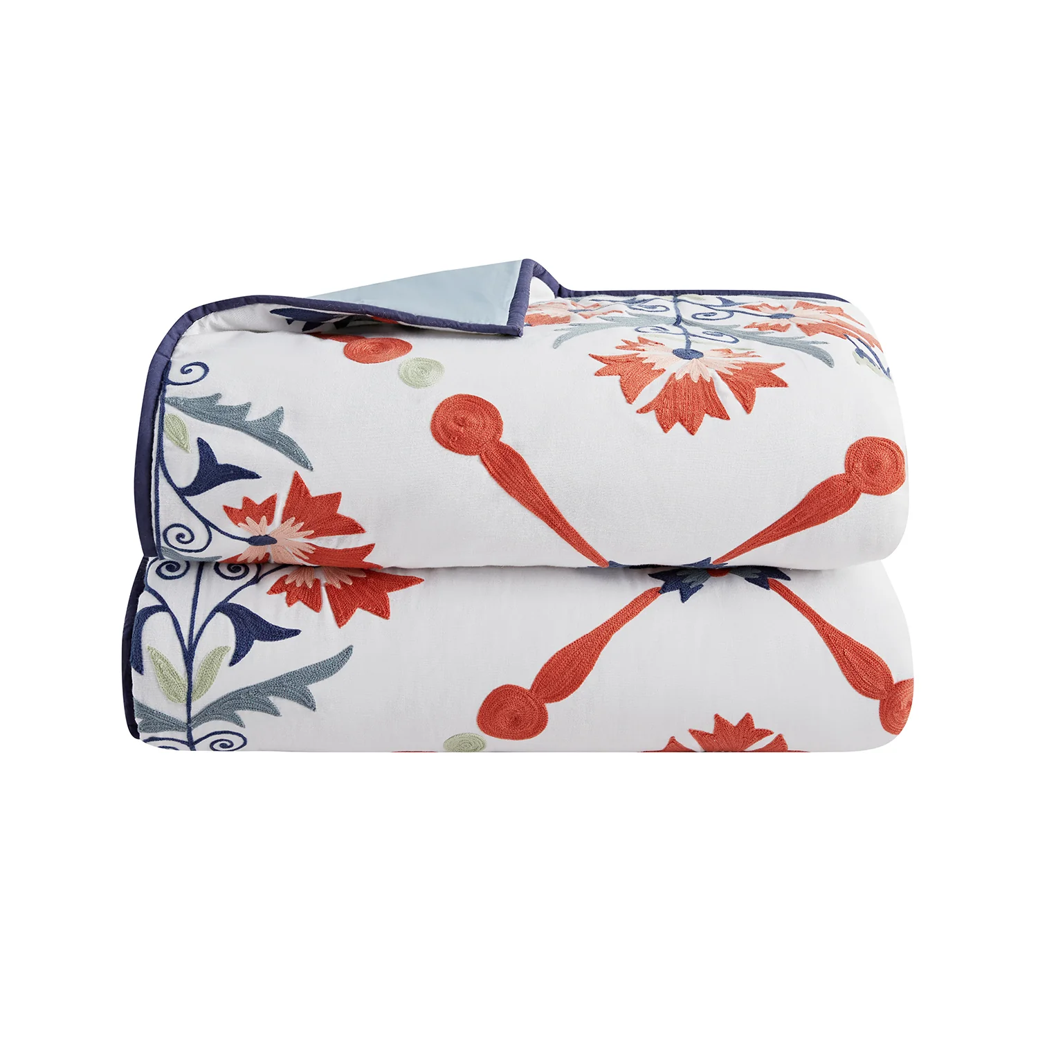 Paloma Burnt Terracotta Orange & Blue Floral Embroidered Quilted Cotton Bedspread - Image 3
