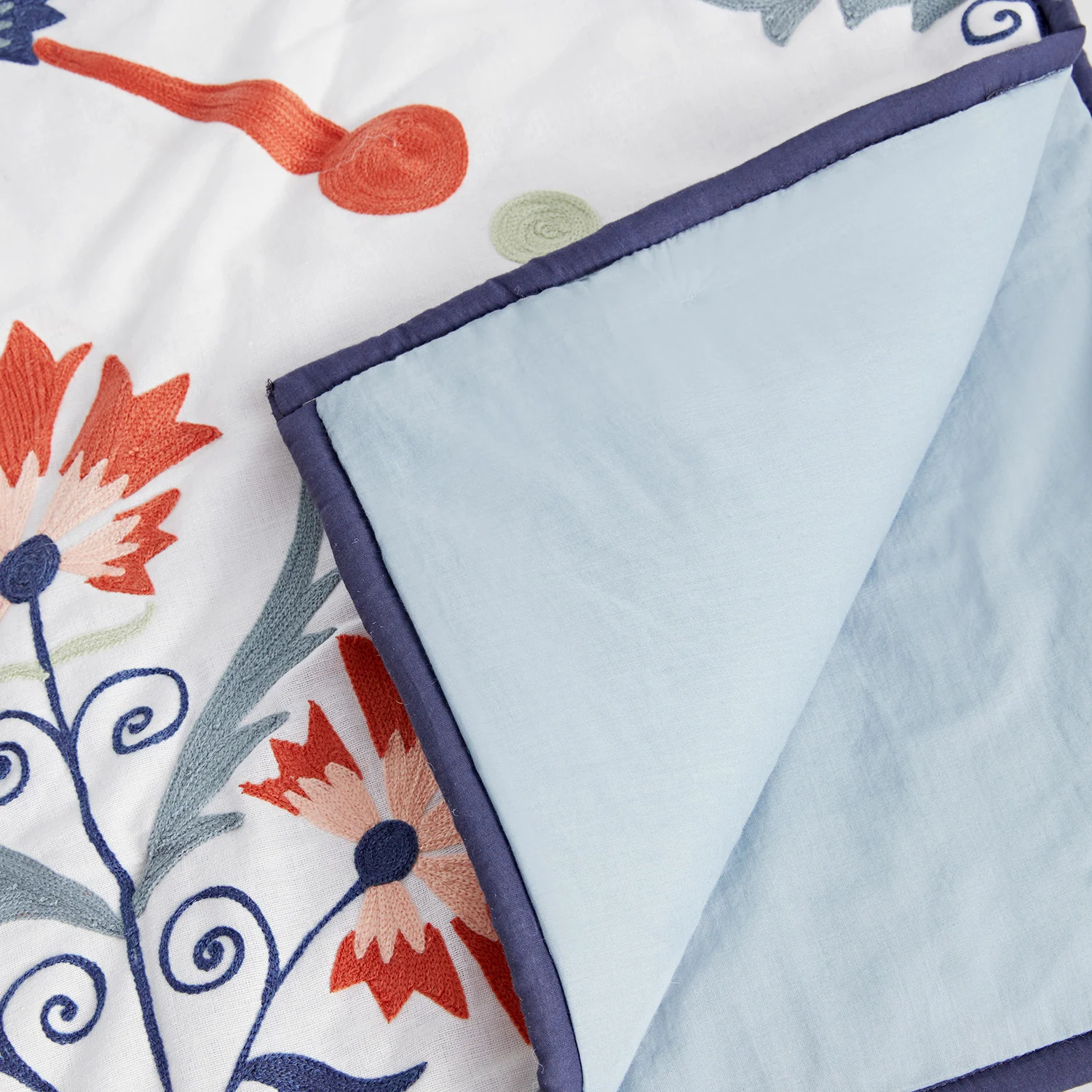 Paloma Burnt Terracotta Orange & Blue Floral Embroidered Quilted Cotton Bedspread - Image 5