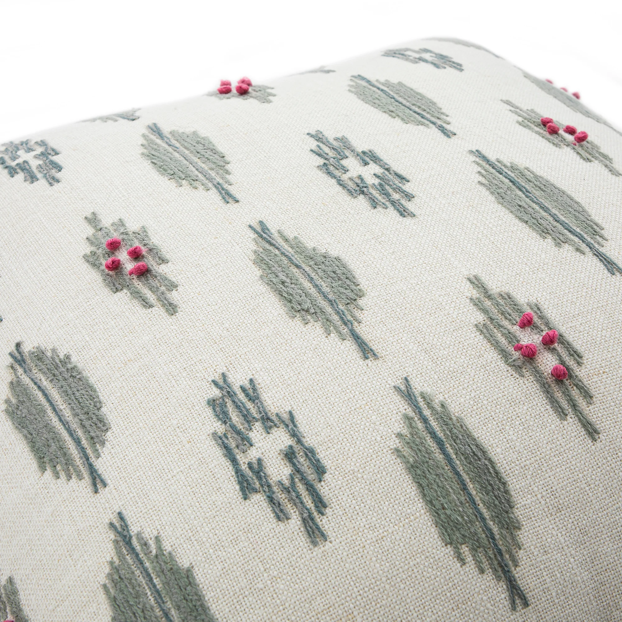 Patola Ikat Slate Blue and Pink French Knot Linen Cushion - Image 4