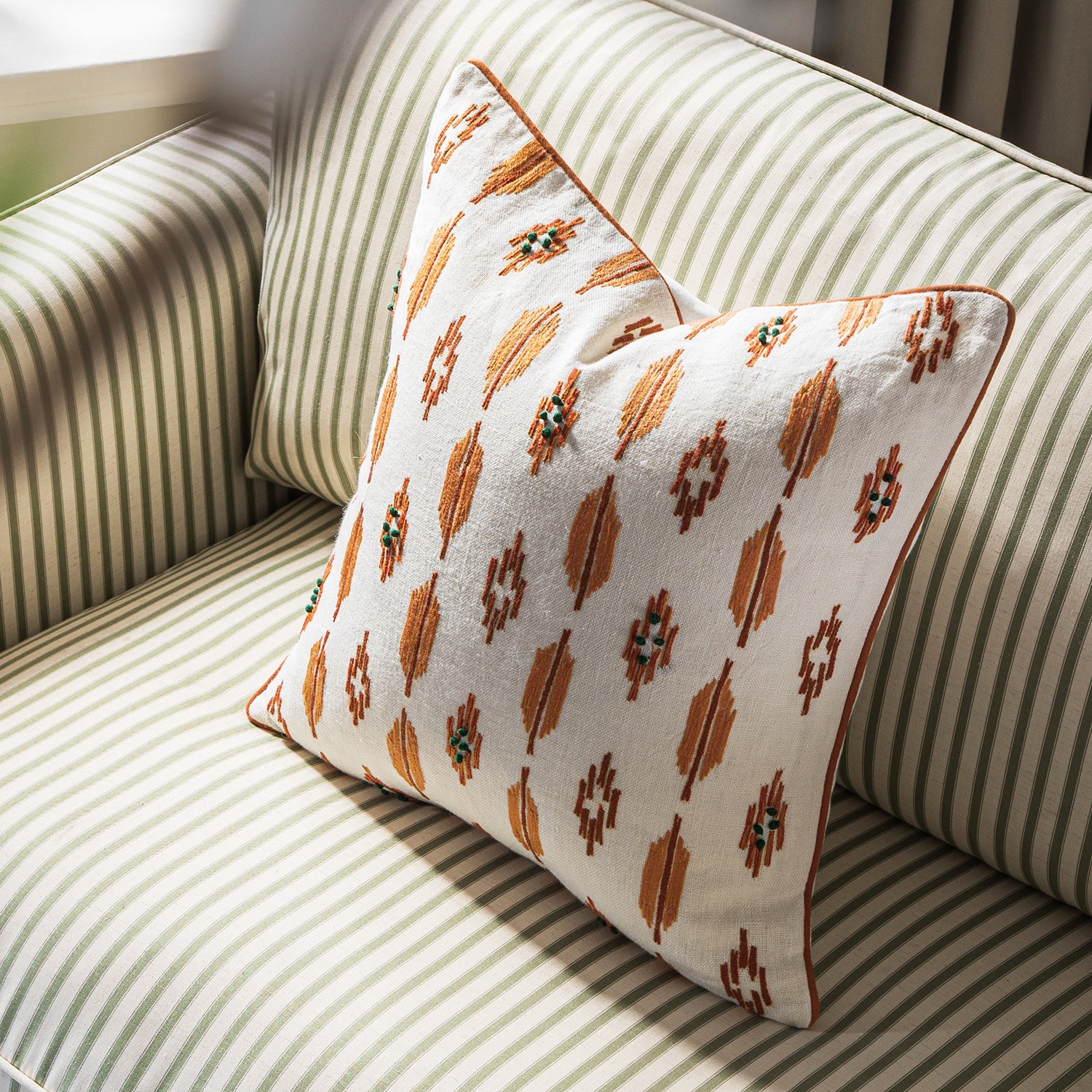 Patola Ikat Orange and Green French Knot Linen Cushion - Image 2