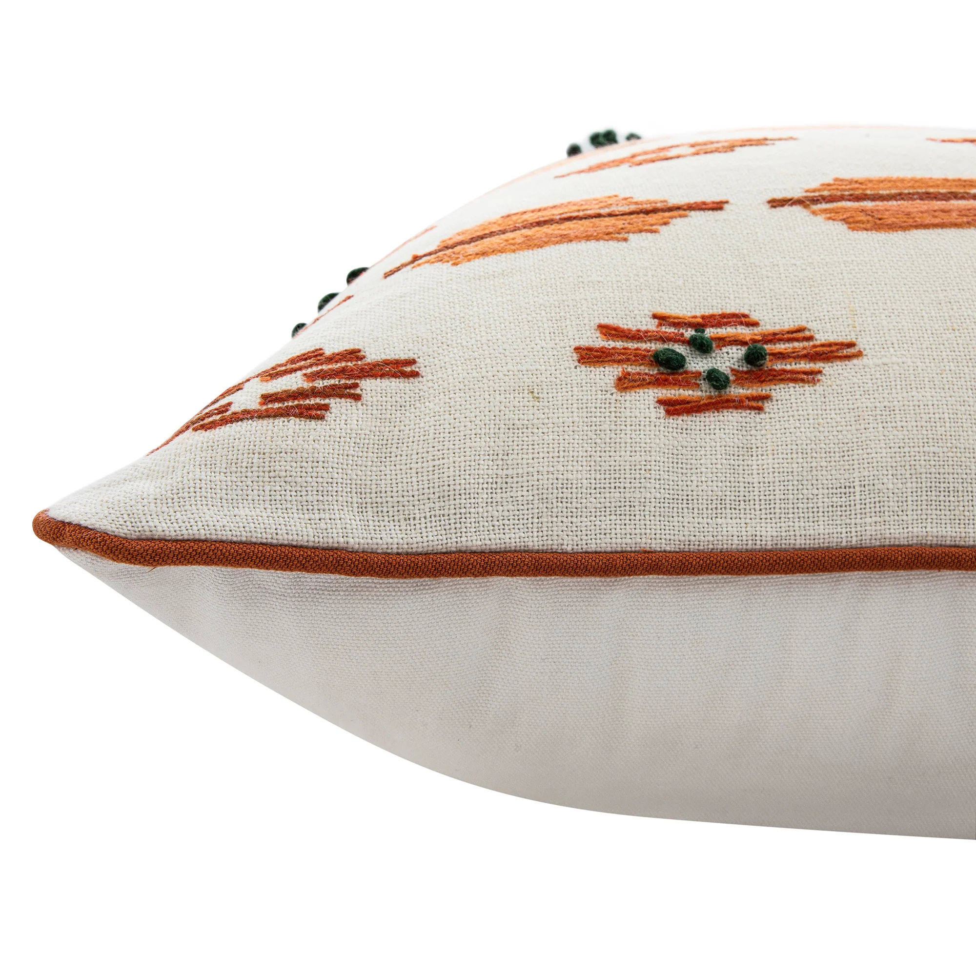 Patola Ikat Orange and Green French Knot Linen Cushion - Image 5