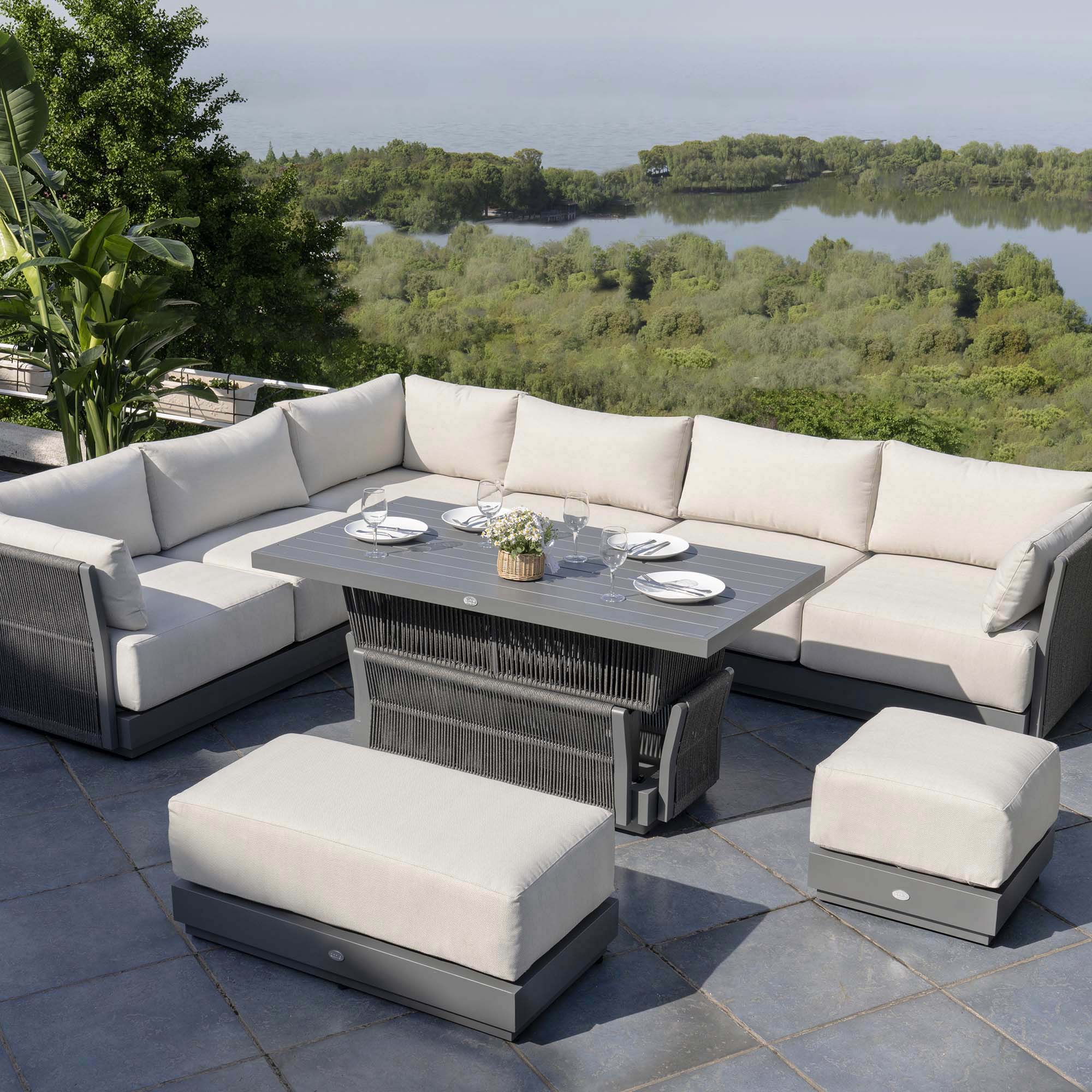 Pedra Rope and Aluminium Large Corner Casual Dining Set with Rising Table, Grey - Image 2