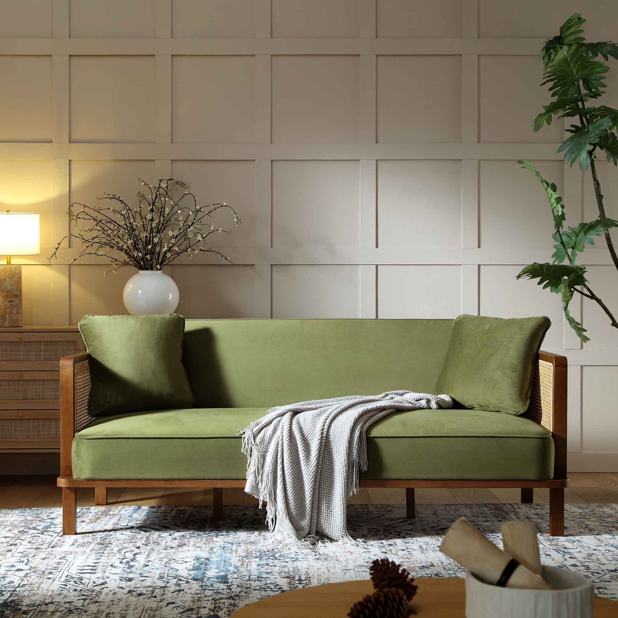 Pienza Cane Sofa Bed, Moss Green Velvet with Walnut Frame - Image 2