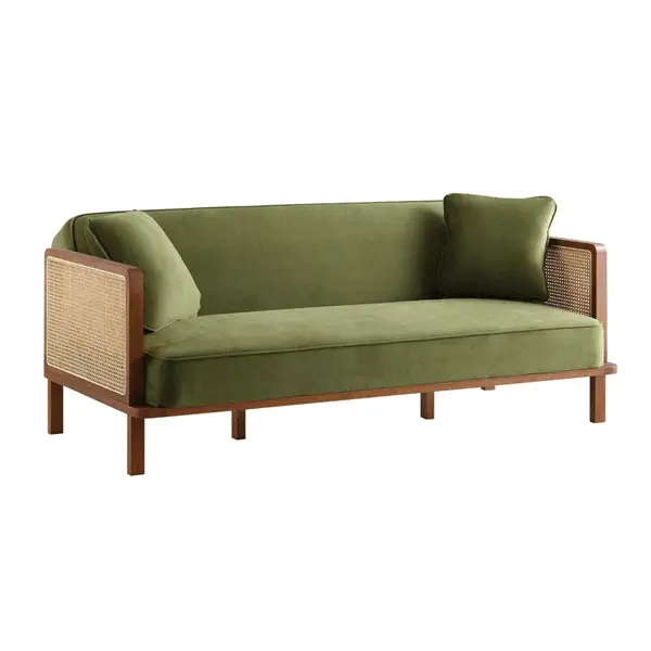 Pienza Cane Sofa Bed, Moss Green Velvet with Walnut Frame - Image 5