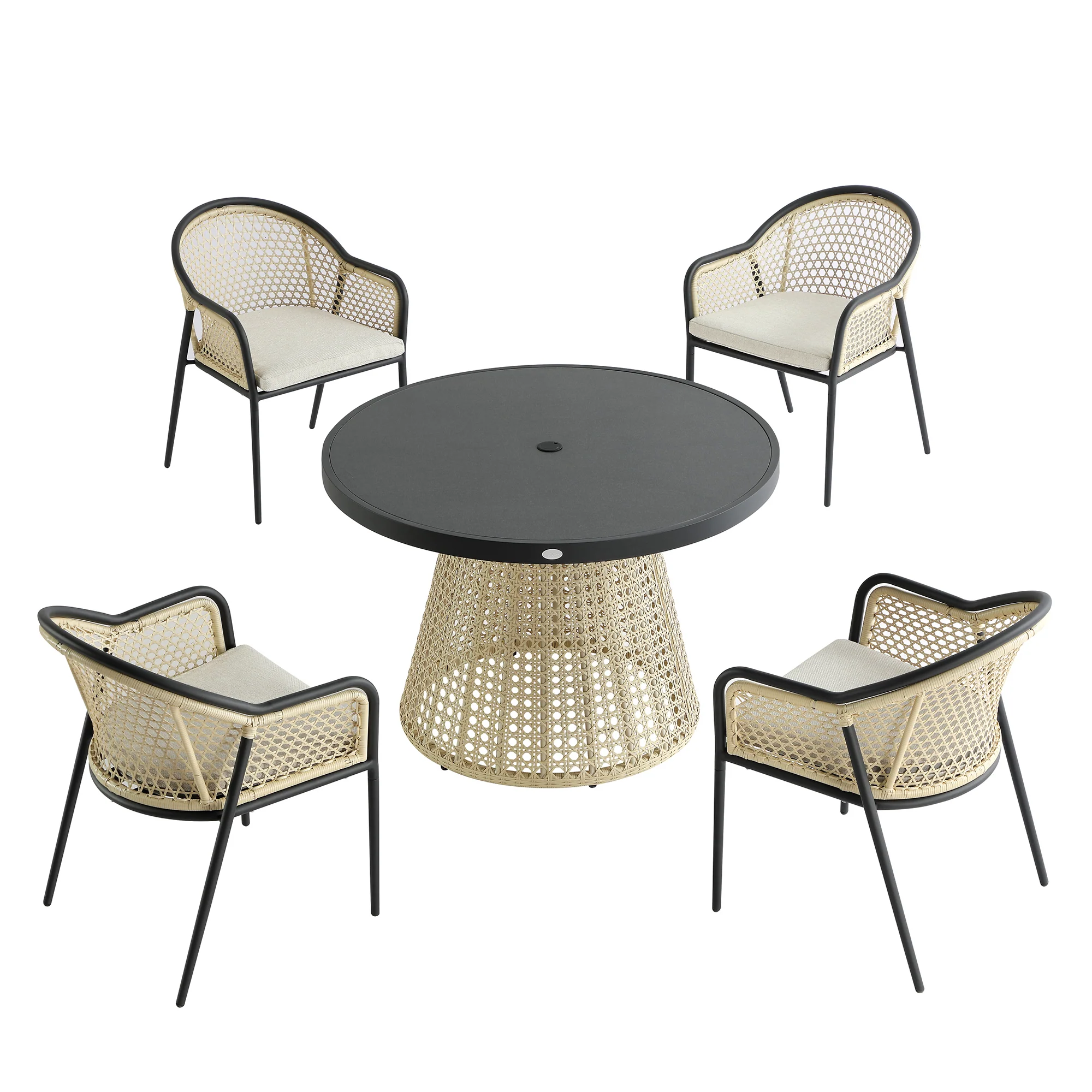 Pienza Outdoor Rattan 4-Seater Round Dining Set, Oatmeal Fabric with Black Frame - Image 10