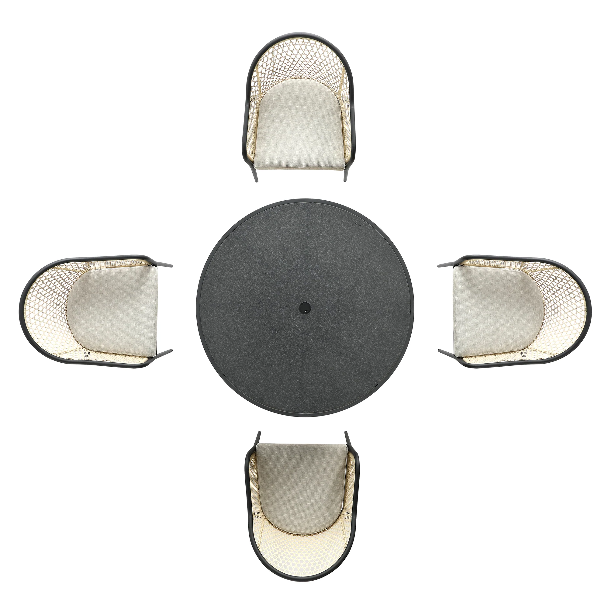 Pienza Outdoor Rattan 4-Seater Round Dining Set, Oatmeal Fabric with Black Frame - Image 12