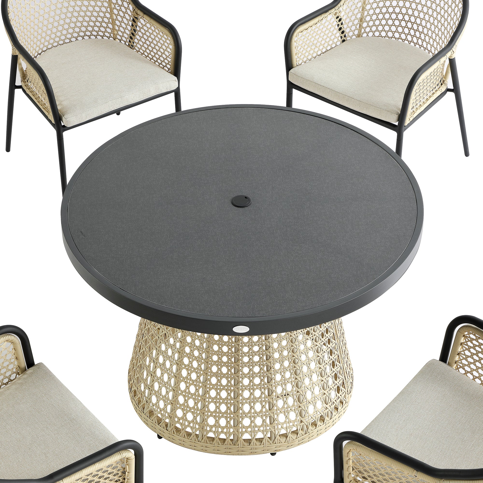 Pienza Outdoor Rattan 4-Seater Round Dining Set, Oatmeal Fabric with Black Frame - Image 13