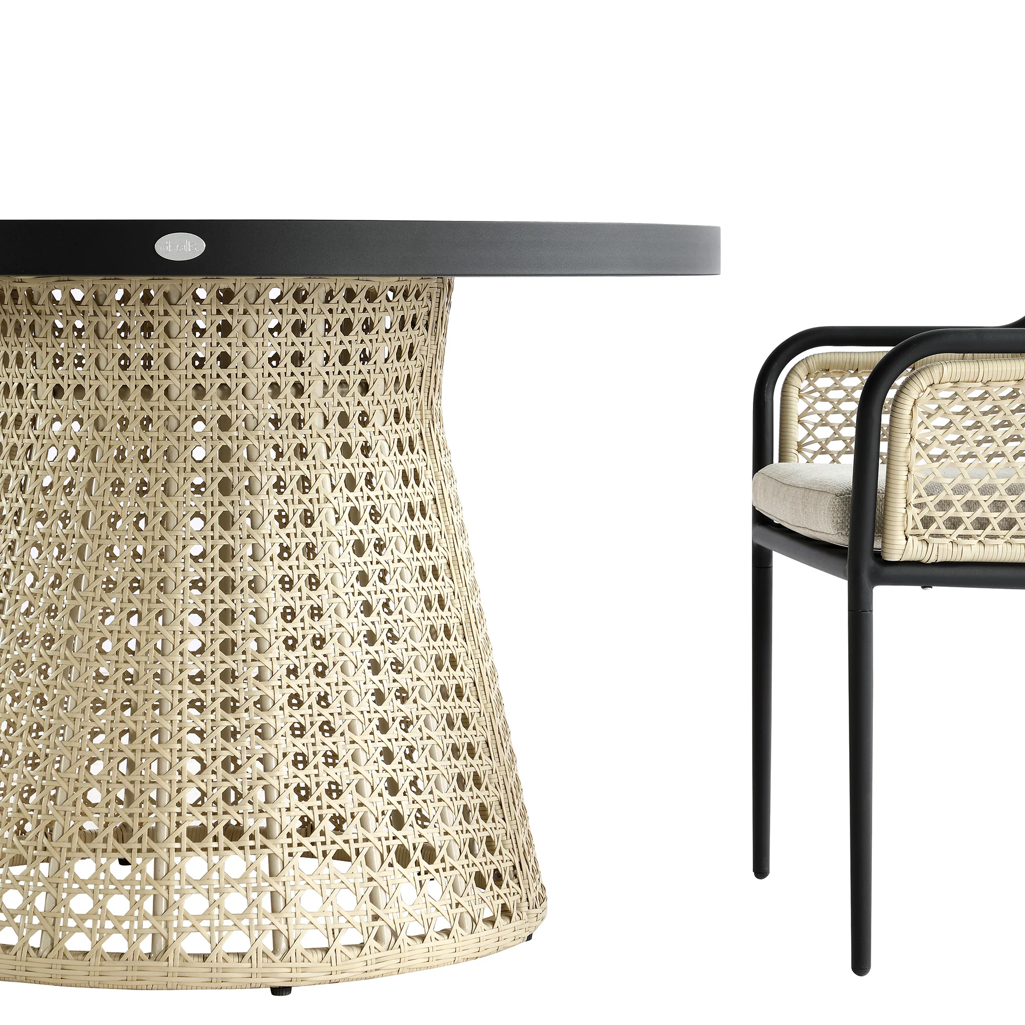 Pienza Outdoor Rattan 4-Seater Round Dining Set, Oatmeal Fabric with Black Frame - Image 14