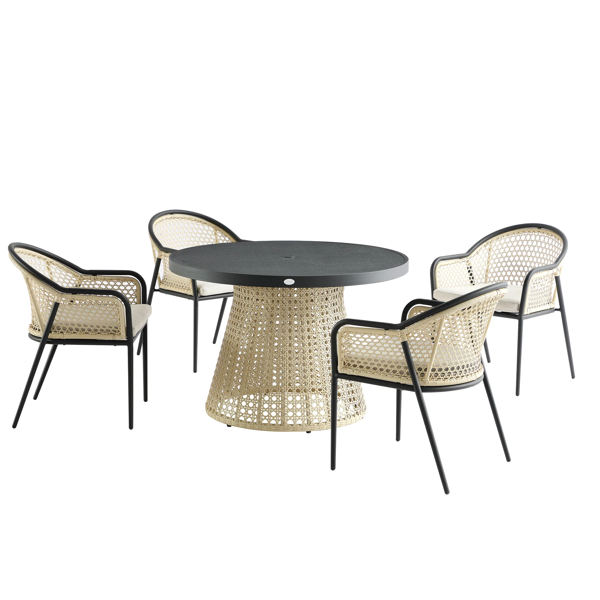 Pienza Outdoor Rattan 4-Seater Round Dining Set, Oatmeal Fabric with Black Frame - Image 9