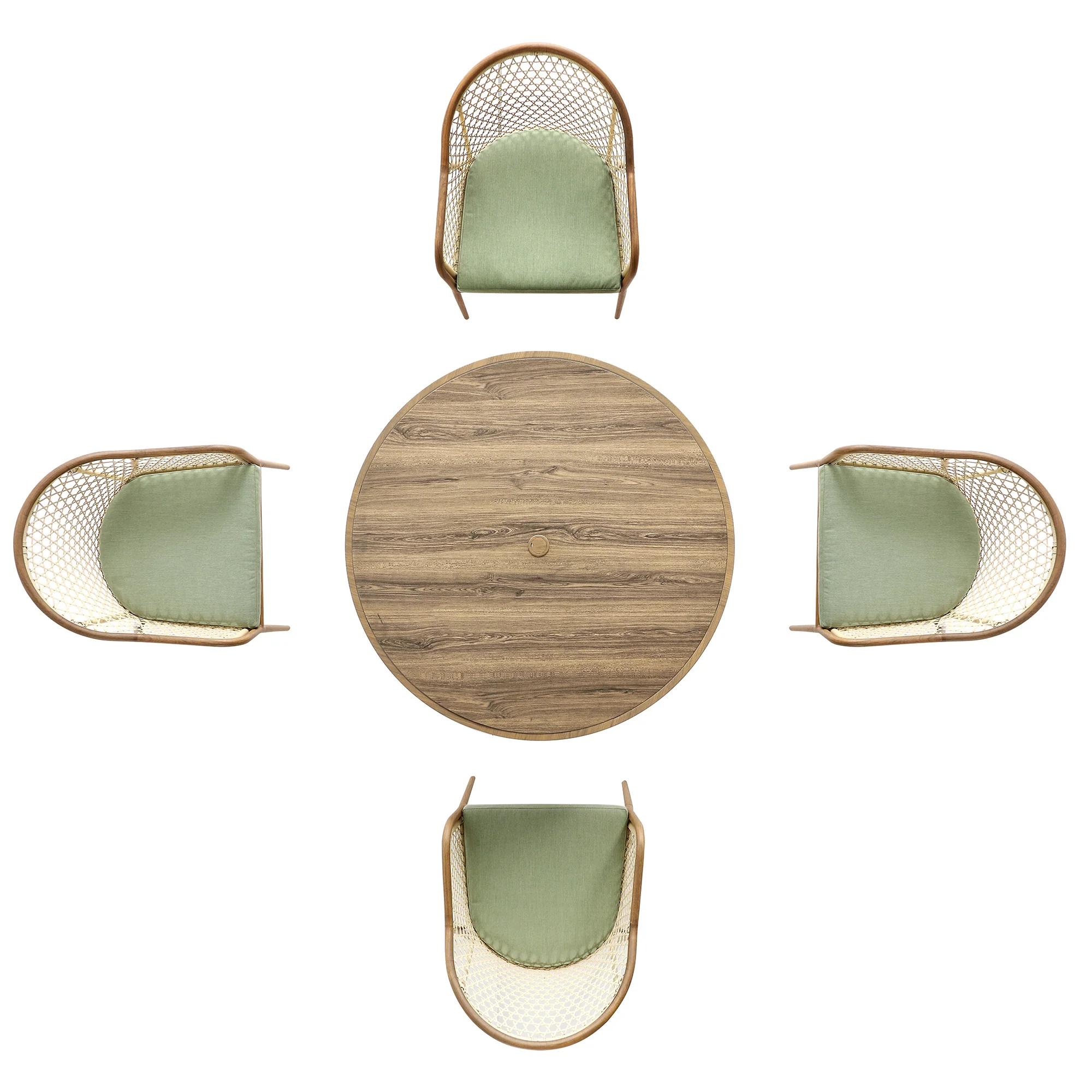 Pienza Outdoor Rattan 4-Seater Round Dining Set, Sage Green Fabric with Light Walnut Frame - Image 10