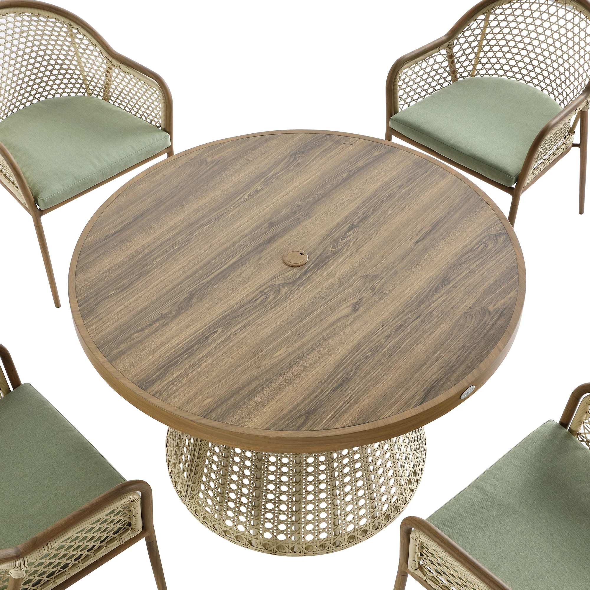 Pienza Outdoor Rattan 4-Seater Round Dining Set, Sage Green Fabric with Light Walnut Frame - Image 11