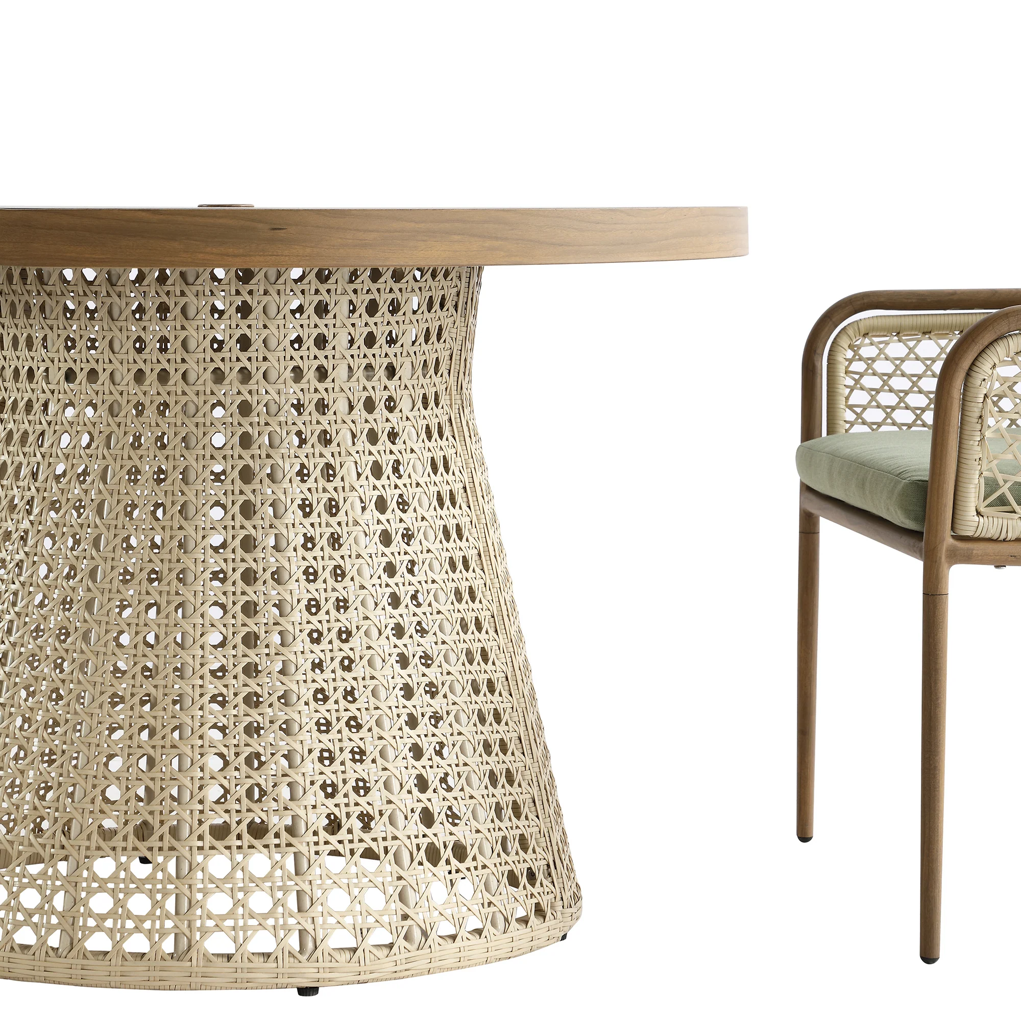 Pienza Outdoor Rattan 4-Seater Round Dining Set, Sage Green Fabric with Light Walnut Frame - Image 12