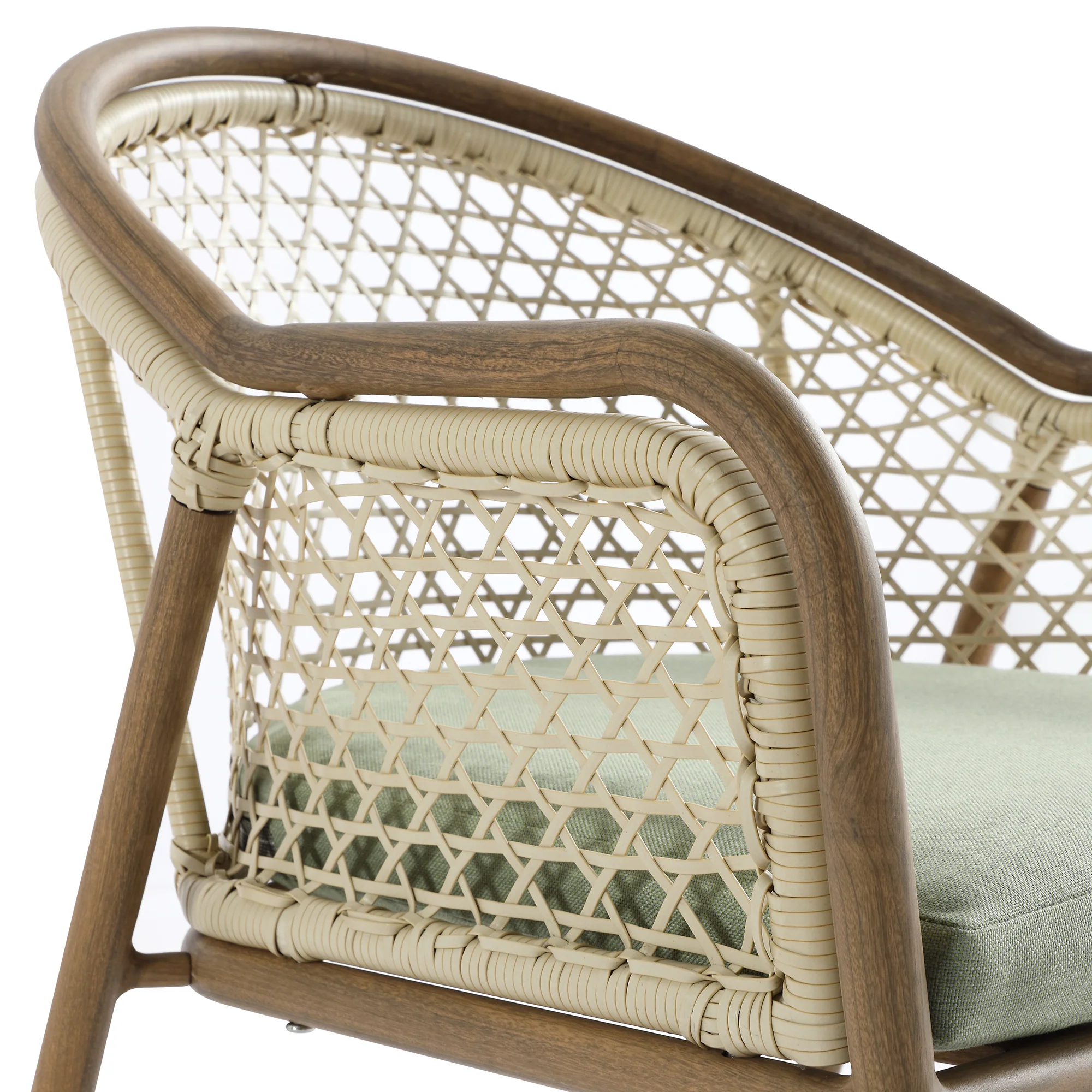 Pienza Outdoor Rattan 4-Seater Round Dining Set, Sage Green Fabric with Light Walnut Frame - Image 14