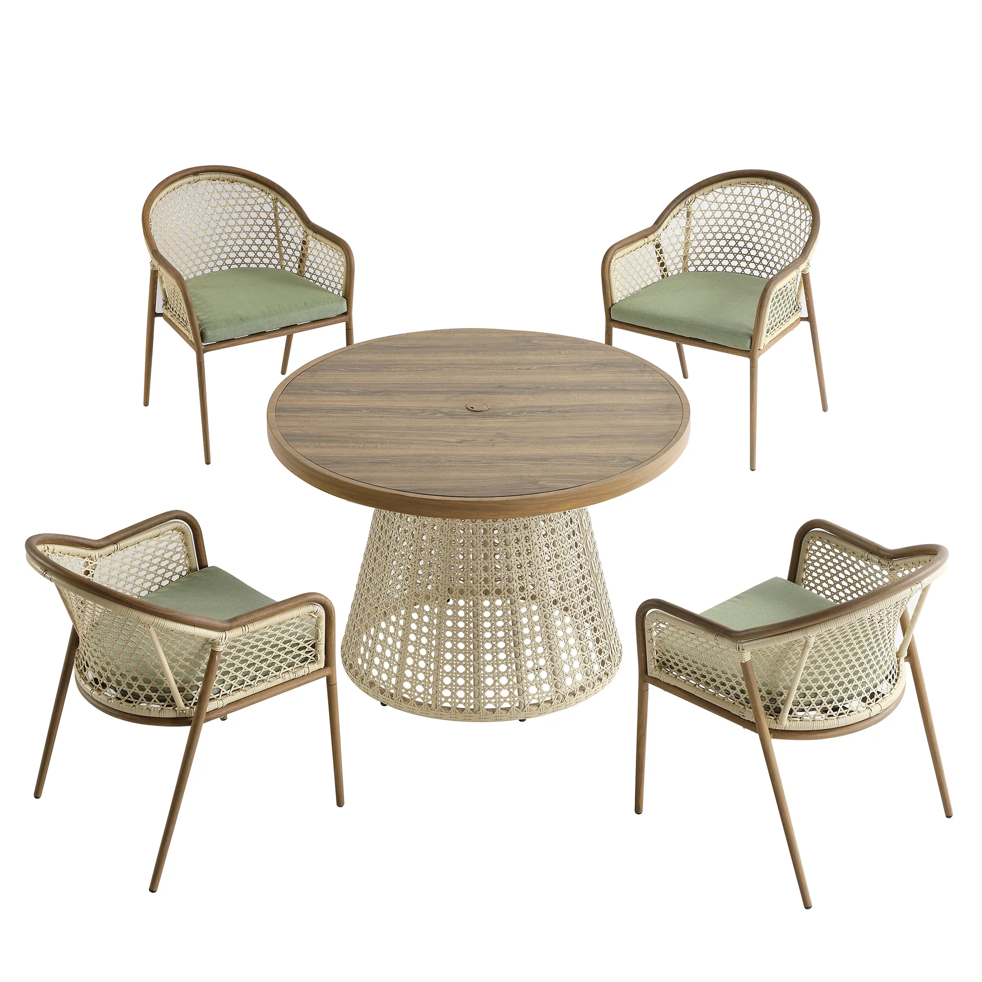 Pienza Outdoor Rattan 4-Seater Round Dining Set, Sage Green Fabric with Light Walnut Frame - Image 8