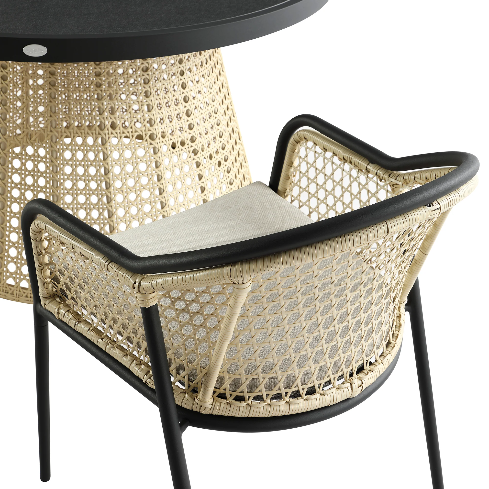 Pienza Outdoor Rattan 6-Seater Round Dining Set, Oatmeal Fabric with Black Frame - Image 13