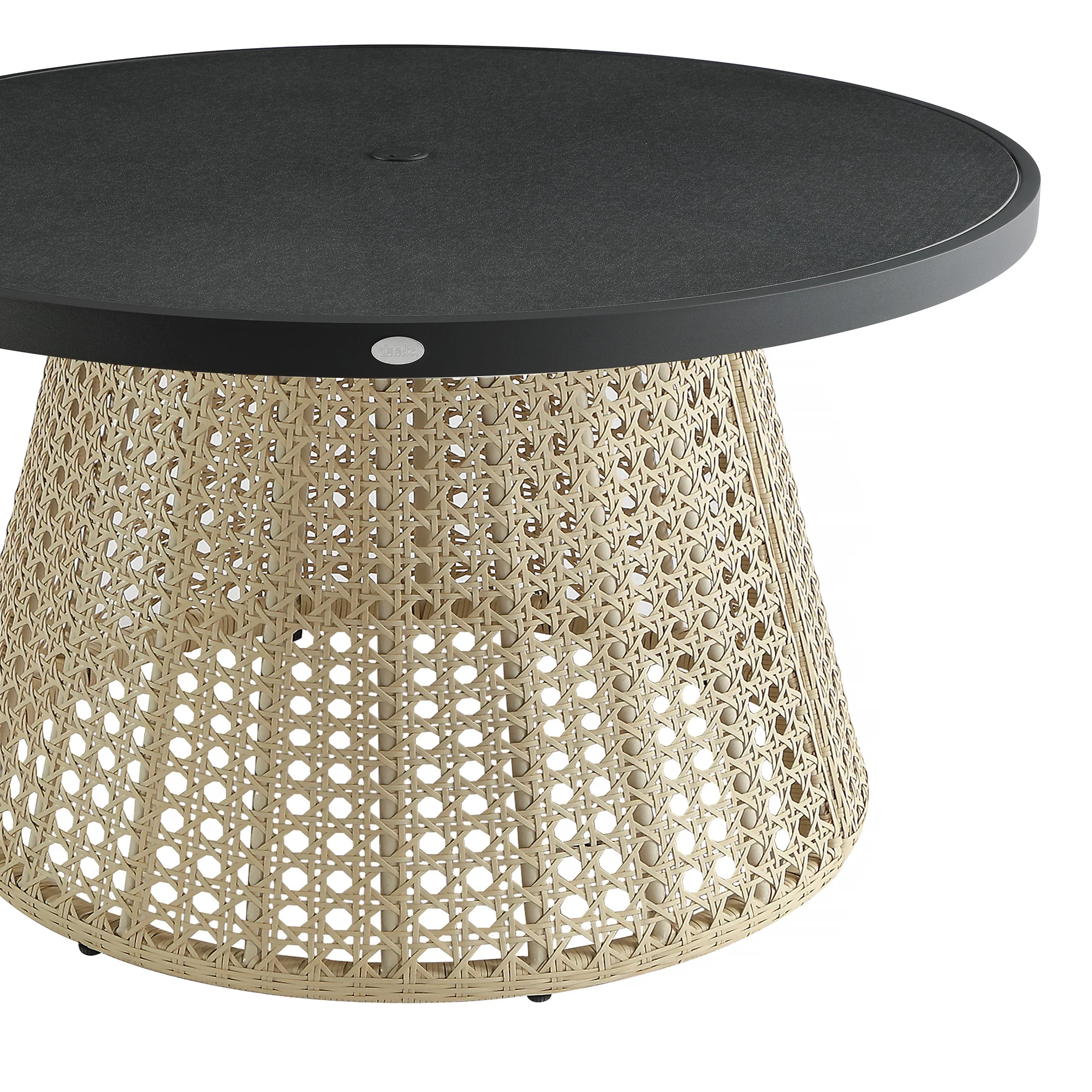 Pienza Outdoor Rattan 6-Seater Round Dining Set, Oatmeal Fabric with Black Frame - Image 14