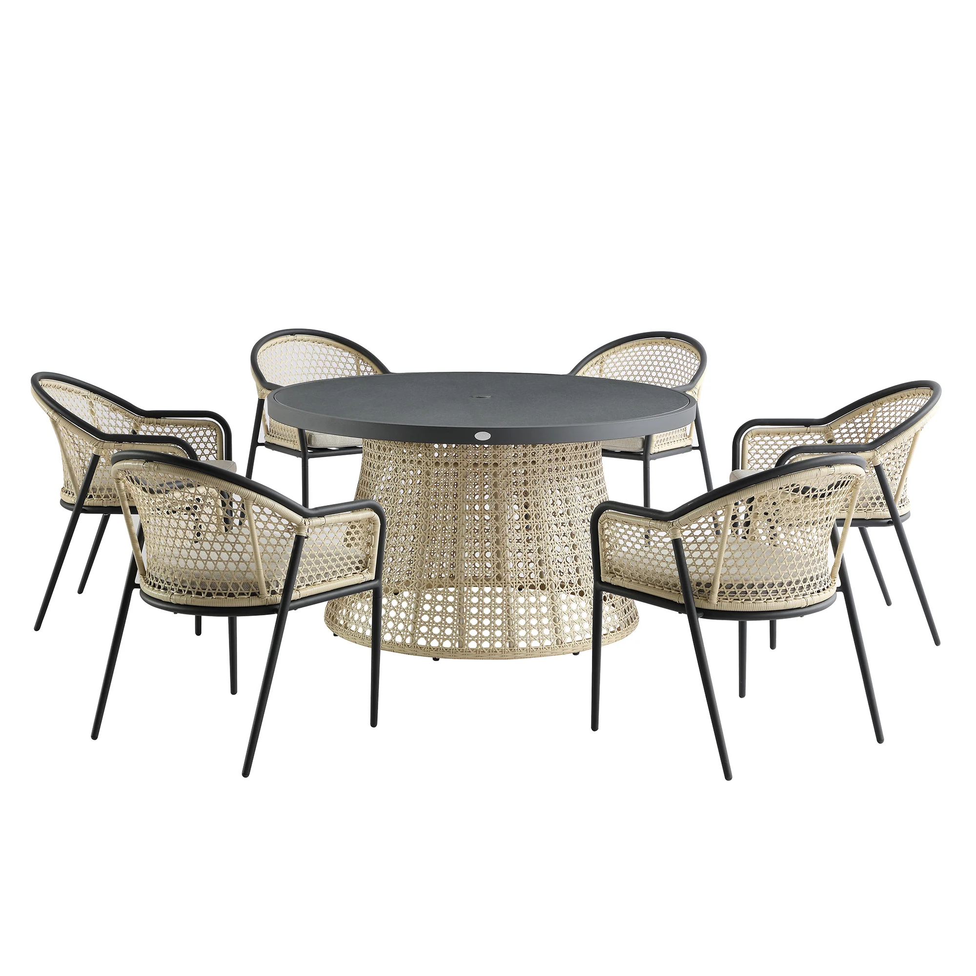Pienza Outdoor Rattan 6-Seater Round Dining Set, Oatmeal Fabric with Black Frame - Image 8